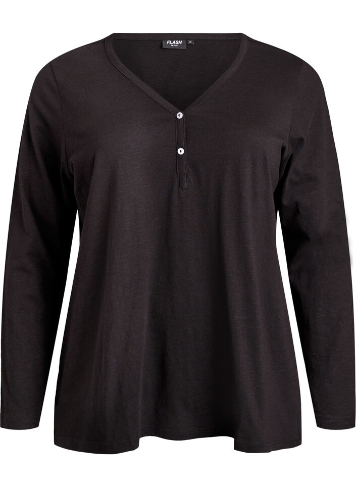 T-shirt &agrave; manches longues avec col V et boutons, Noir, Packshot image number 0
