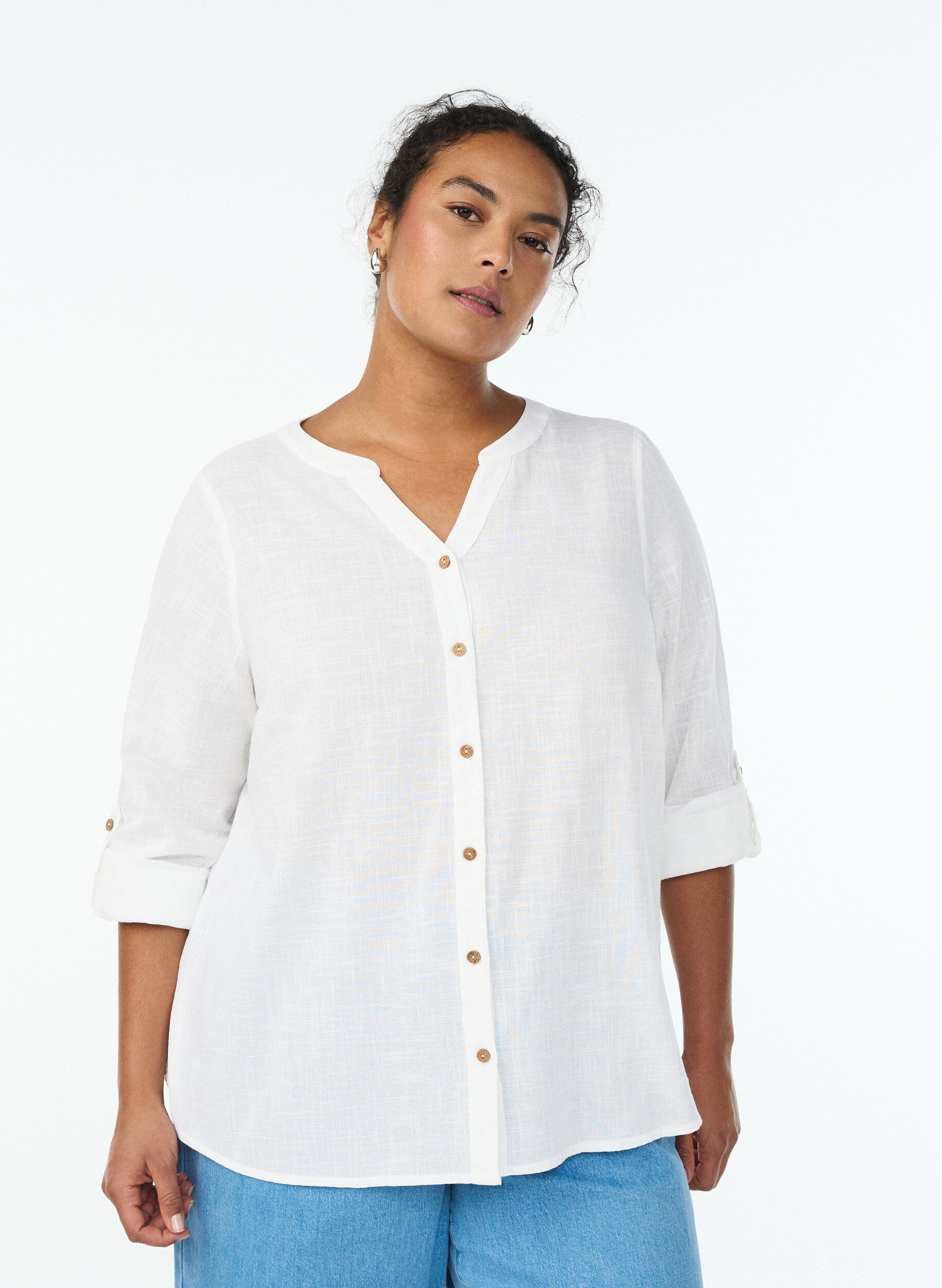 Chemisier en coton avec col en V, Blanc, Model