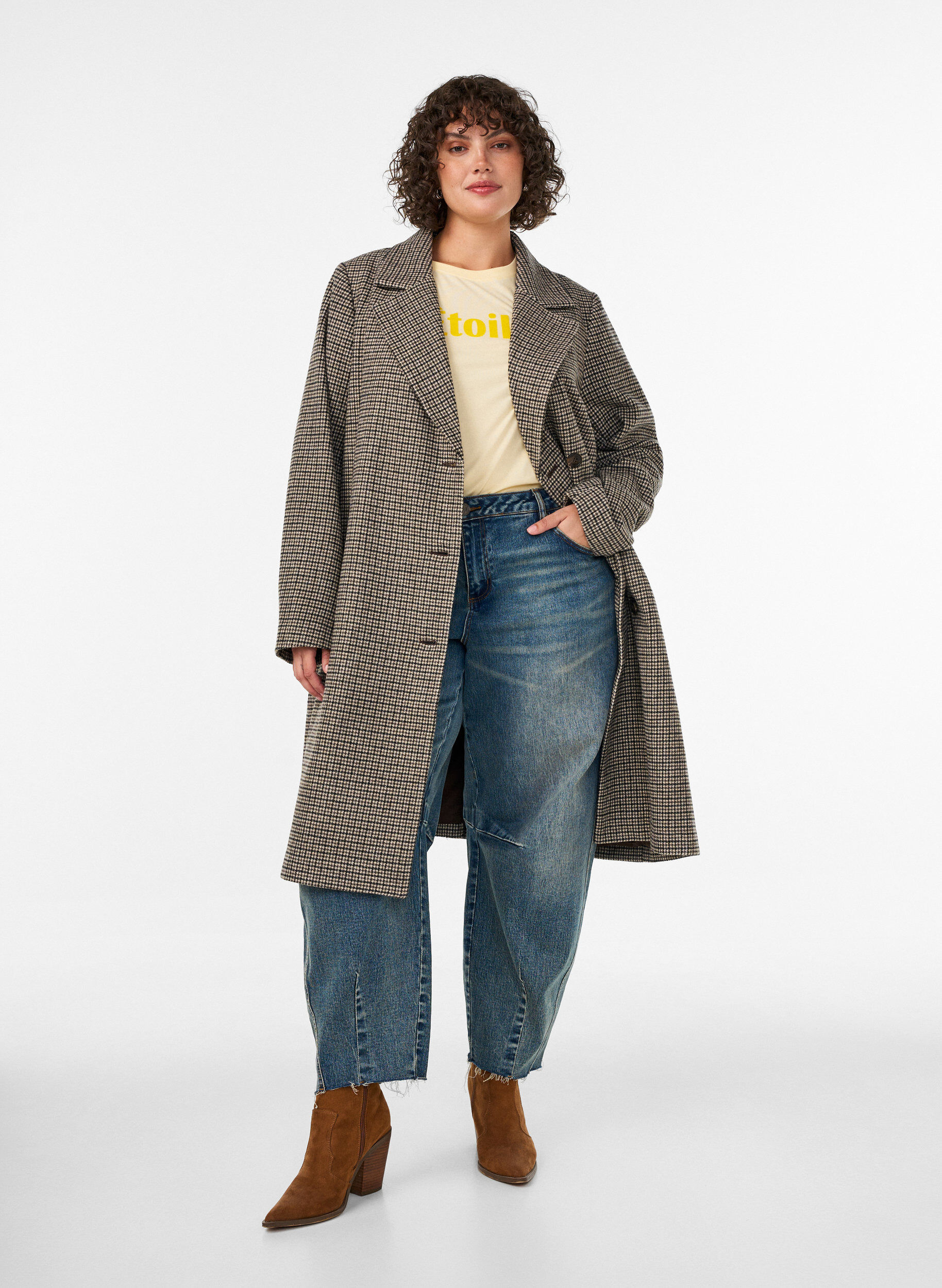 Manteau mi-long &agrave; carreaux, Marron, Model