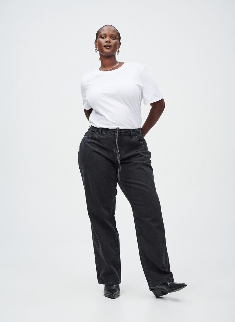 Jean à coupe droite et à ceinture à nouer, Noir, Image