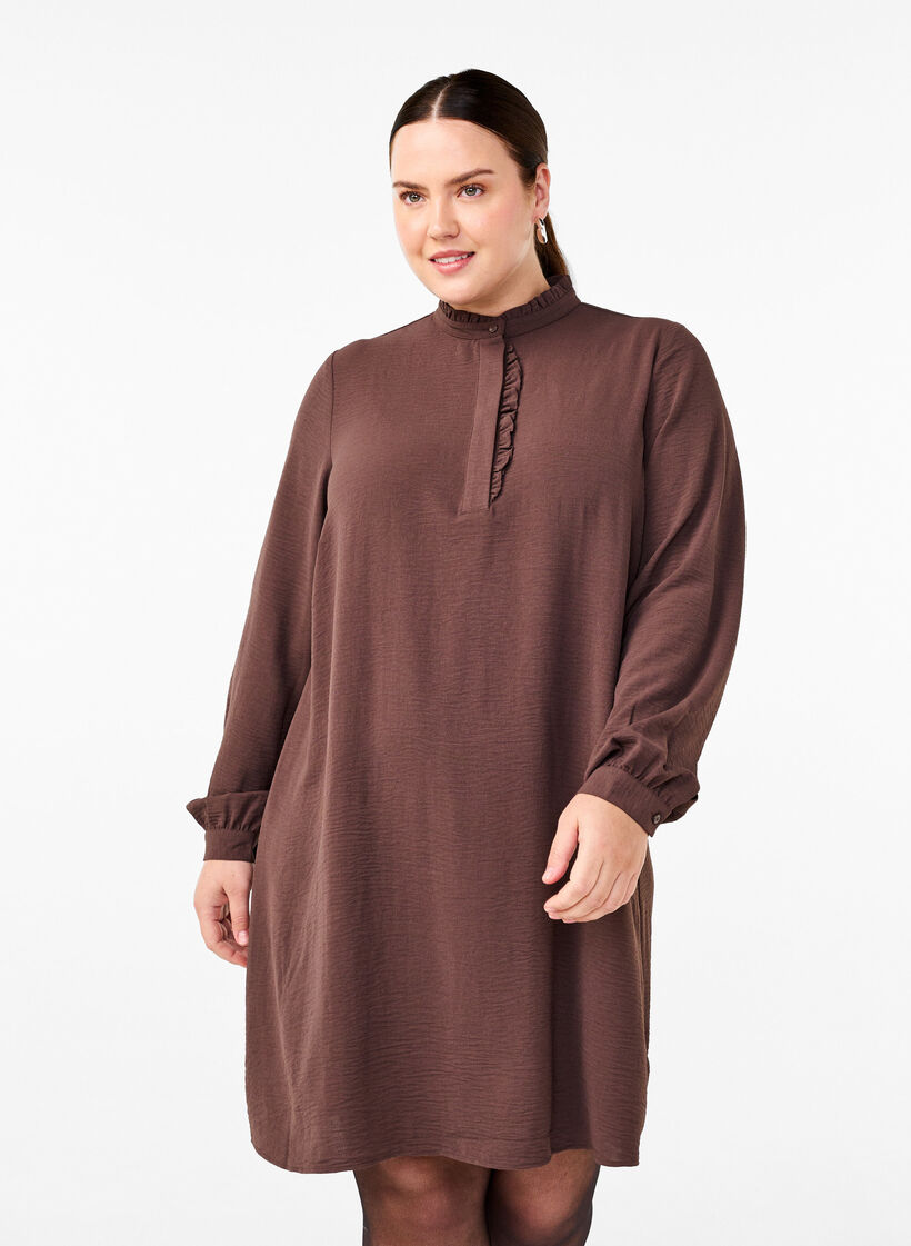 Robe à manches longues avec détails volantés, Chocolate Martini, Model image number 0