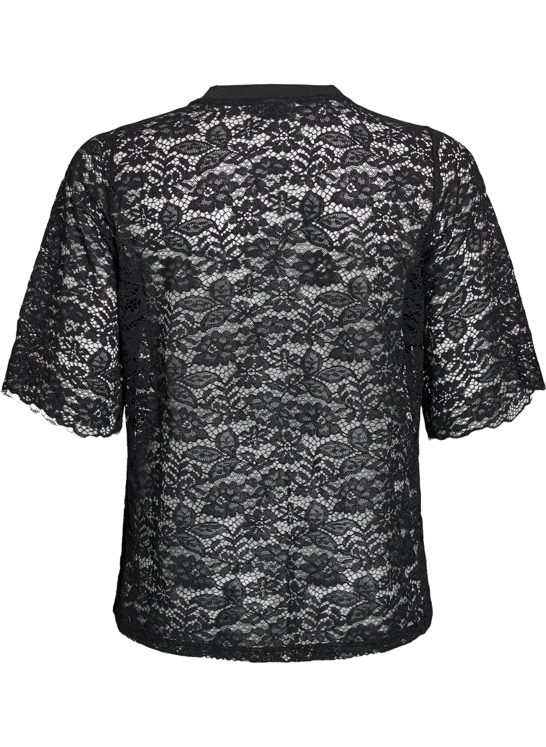 Zizzi Blouse en dentelle &agrave; manches courtes et col rond, Noir, Packshot image number 1