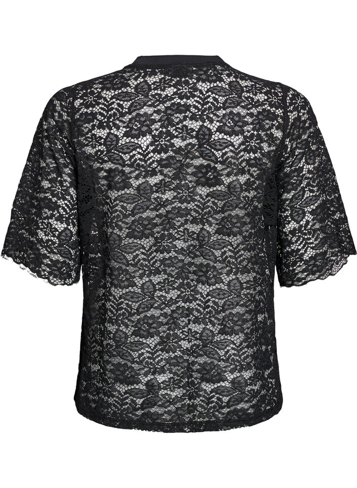 Blouse en dentelle à manches courtes et col rond, Noir, Packshot