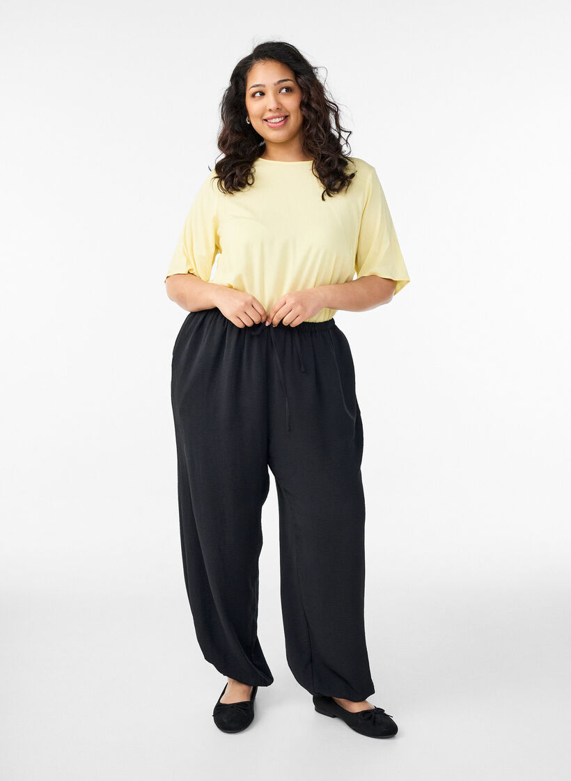 Chemisier tiss&eacute; &agrave; manches courtes et col rond, Jaune clair, Model image number 1