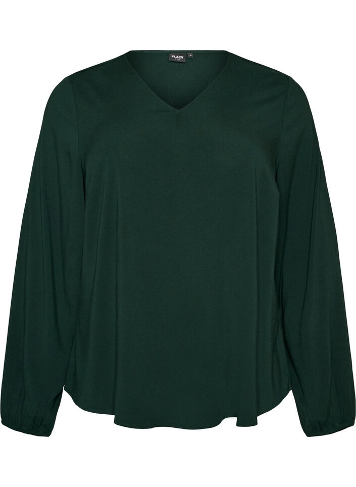 Blouse en viscose avec col en V et ourlet arrondi, Vert fonc&eacute;, Packshot image number 0