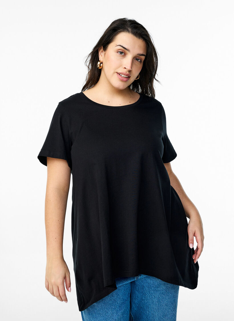 T-shirt &agrave; col rond et coupe &eacute;vas&eacute;e, Noir, Model image number 0
