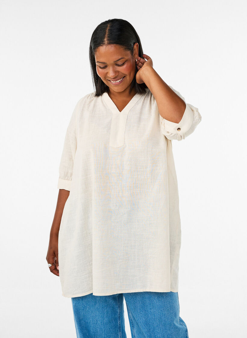 Tunique en coton avec un col en V, Vanille, Model image number 0
