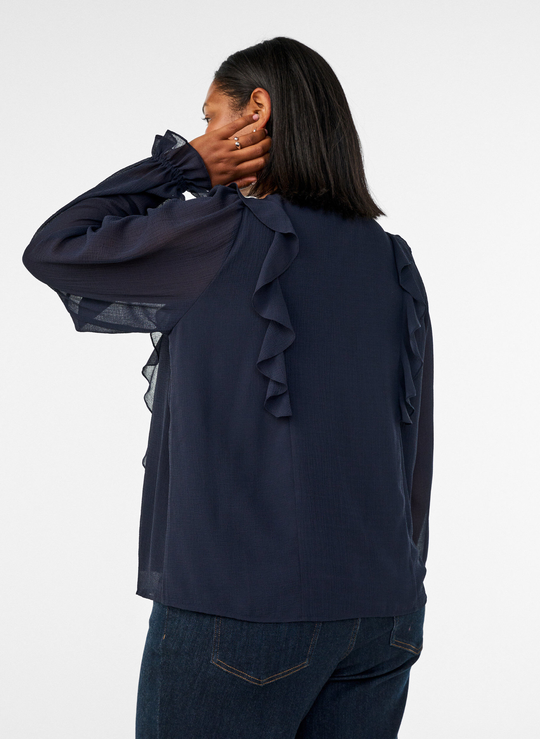 ZizziBlouse transparente avec volants et liens &agrave; nouer, Bleu, Model image number 2