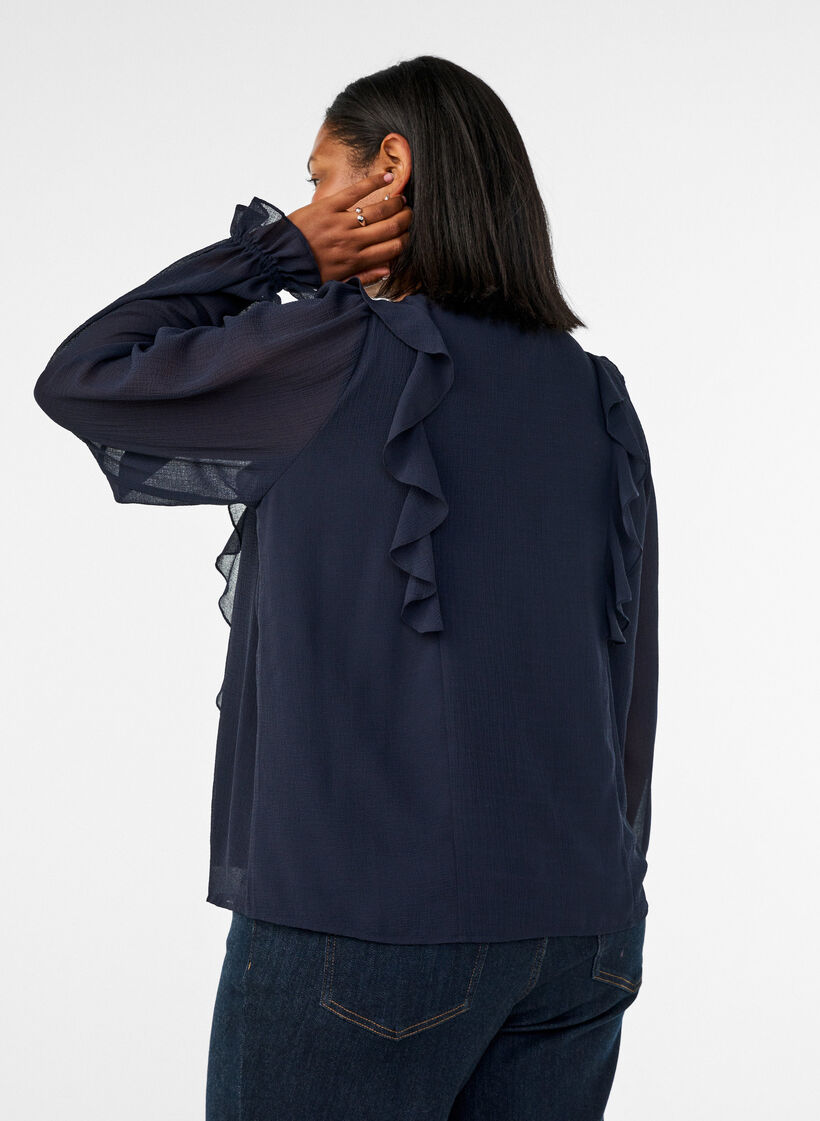 Blouse transparente avec volants et liens &agrave; nouer, Bleu, Model image number 2