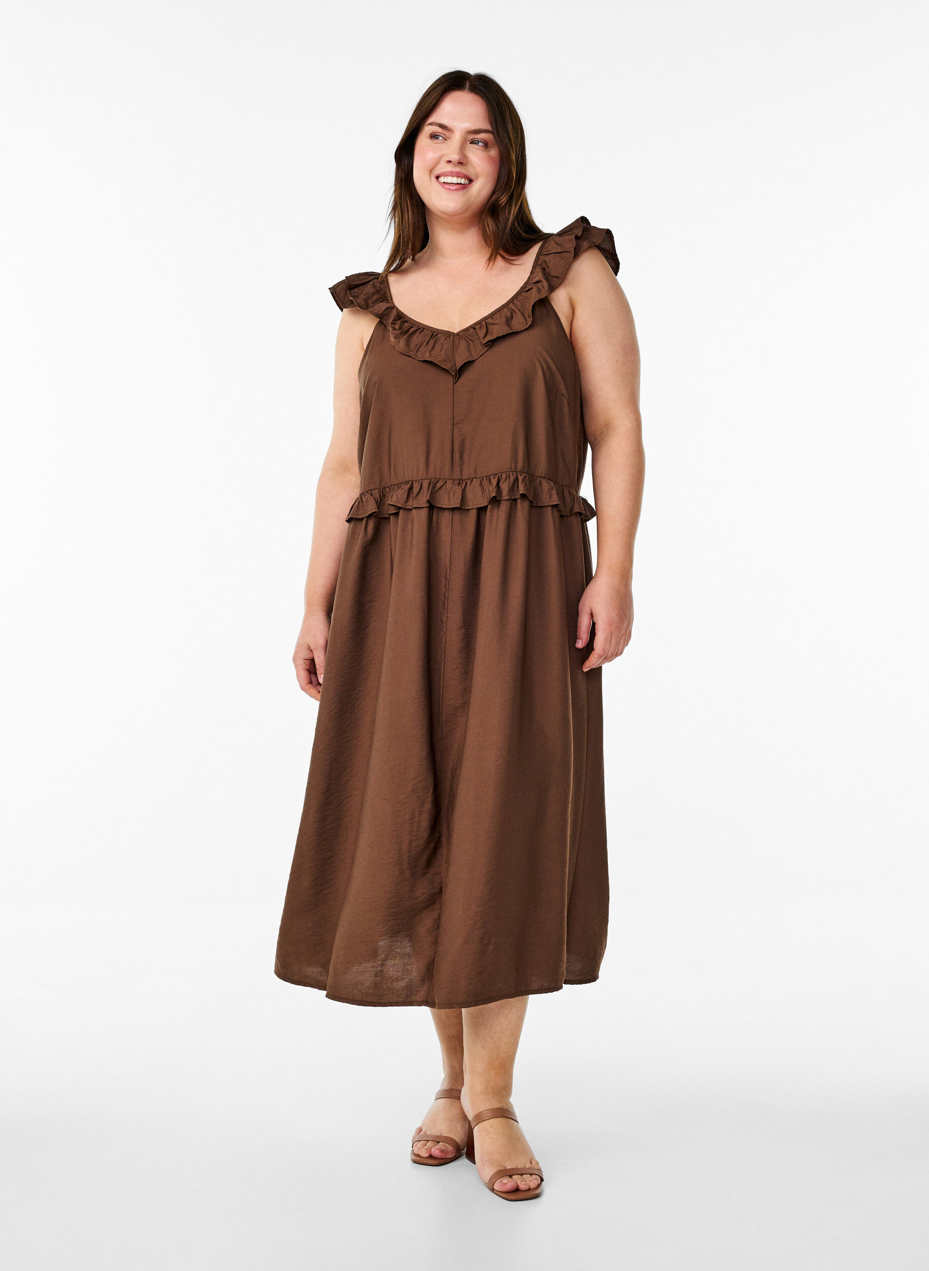 Robe midi sans manches avec d&eacute;tails de volants, Marron, Model