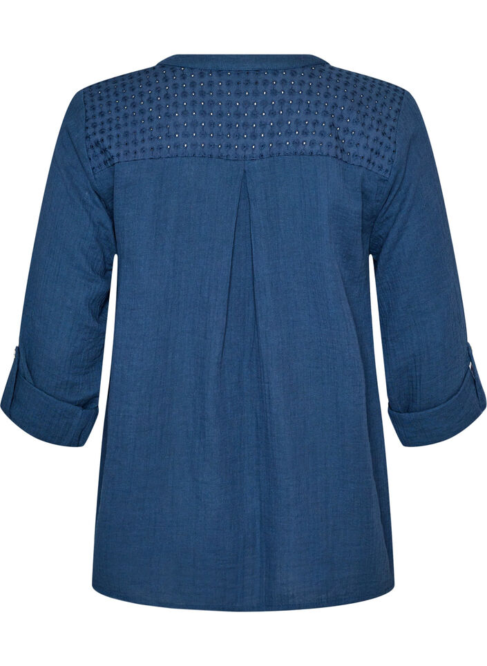 Blouse en mousseline de coton avec broderie anglaise, Bleu, Packshot image number 1