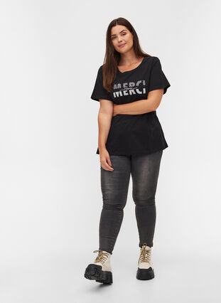 T-shirt en coton bio avec imprimé, Black Merci, Model image number 2