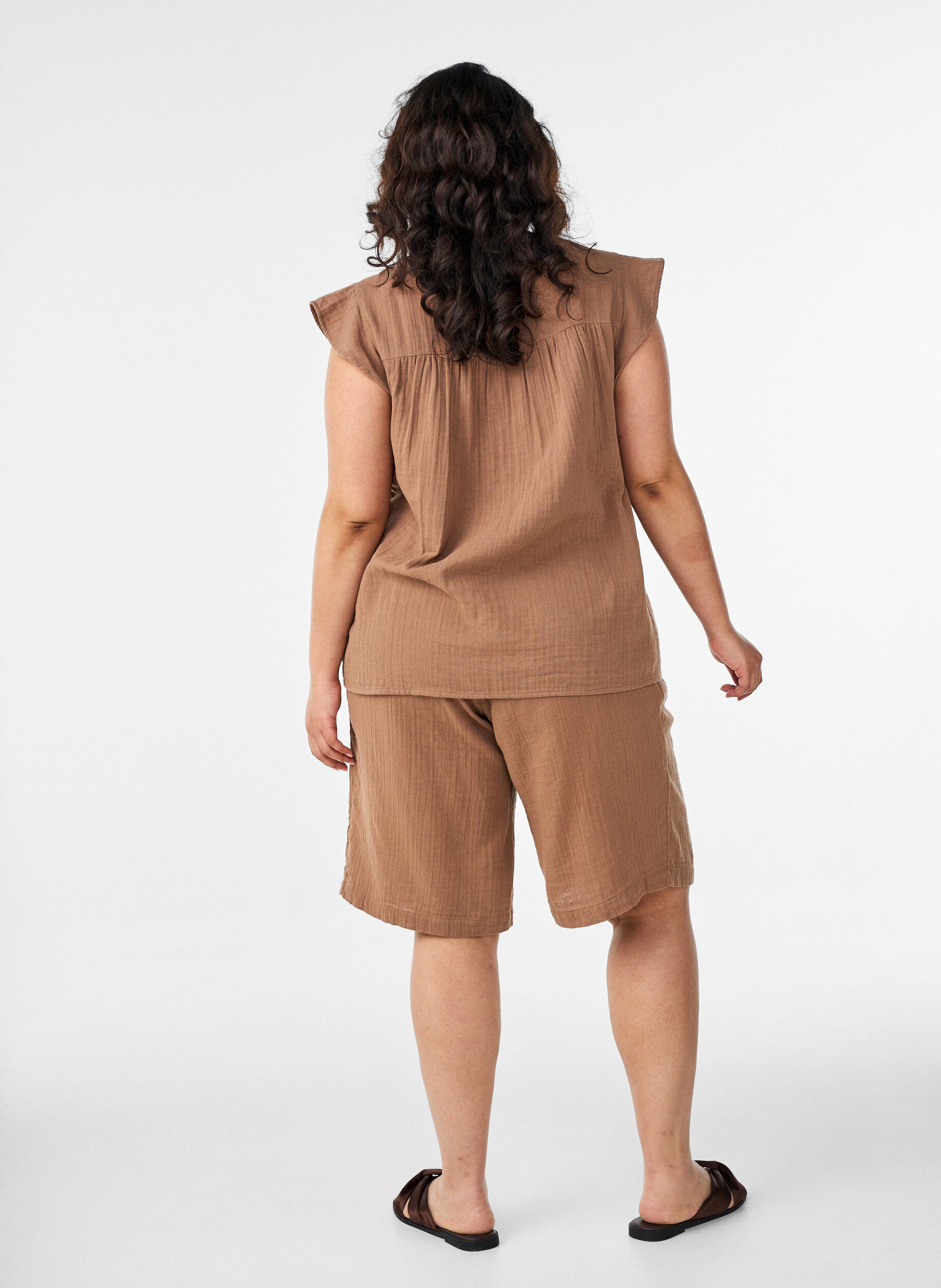 ZizziShort ample en mousseline de coton taille haute, Marron, Model image number 2
