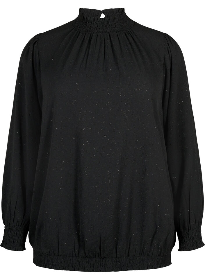 FLASH - Blouse à manches longues scintillante avec smocks	, Black w. Silver, Packshot image number 0