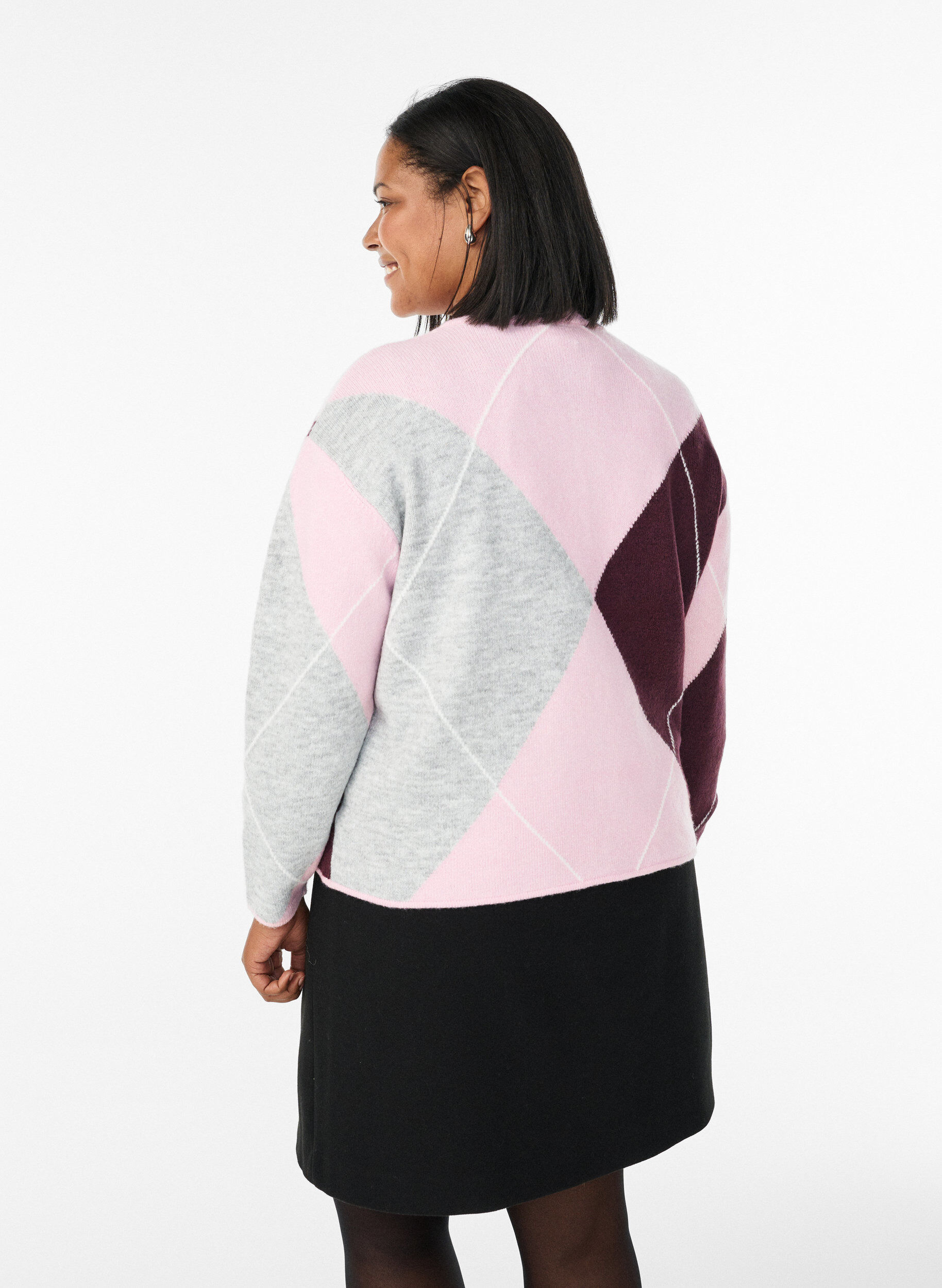 Zizzi Cardigan &agrave; motif argyle et col rond, Rose, Model image number 2
