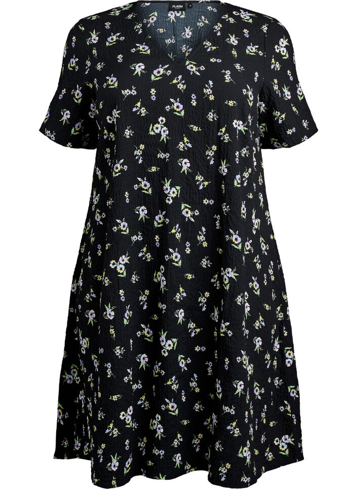 Robe &agrave; manches courtes avec col en V, Noir, Packshot image number 0