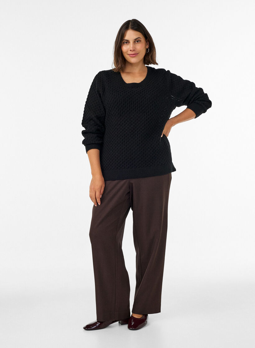 Blouse en maille avec motif ajour&eacute; textur&eacute;, Noir, Model image number 1