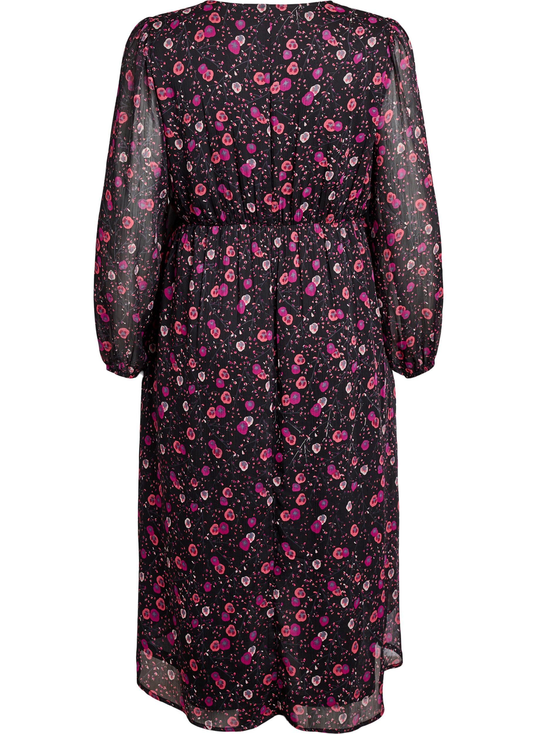 Zizzi Robe en mousseline &agrave; imprim&eacute; floral et manches longues, Noir, Packshot image number 1