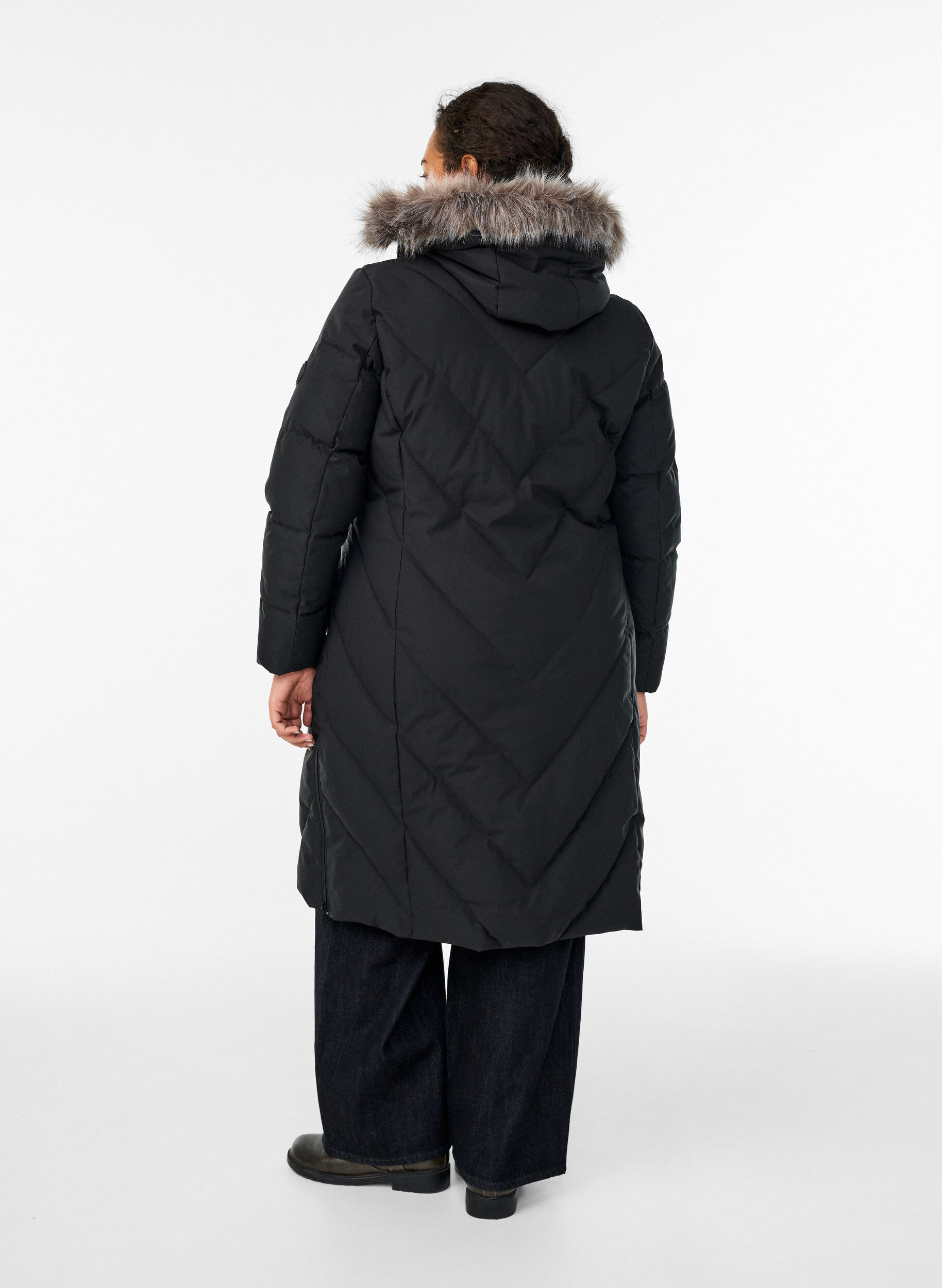 ZizziLong manteau d'hiver &agrave; fermeture &agrave; attaches et col en fausse fourrure, Noir, Model image number 2