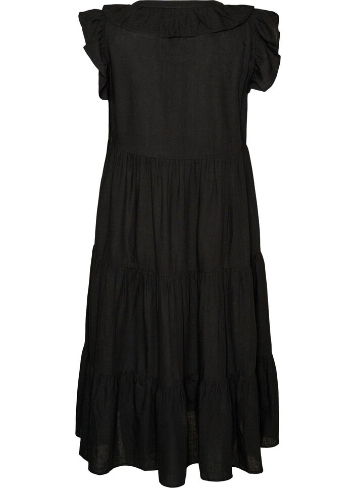 Robe midi sans manches en lin et viscose avec volants, Noir, Packshot image number 1