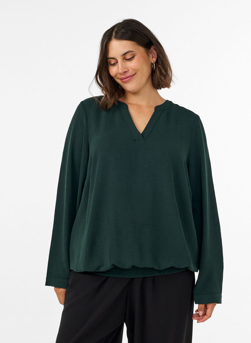 Blouse &agrave; la silhouette ballon avec col en V, Vert fonc&eacute;, Model image number 0