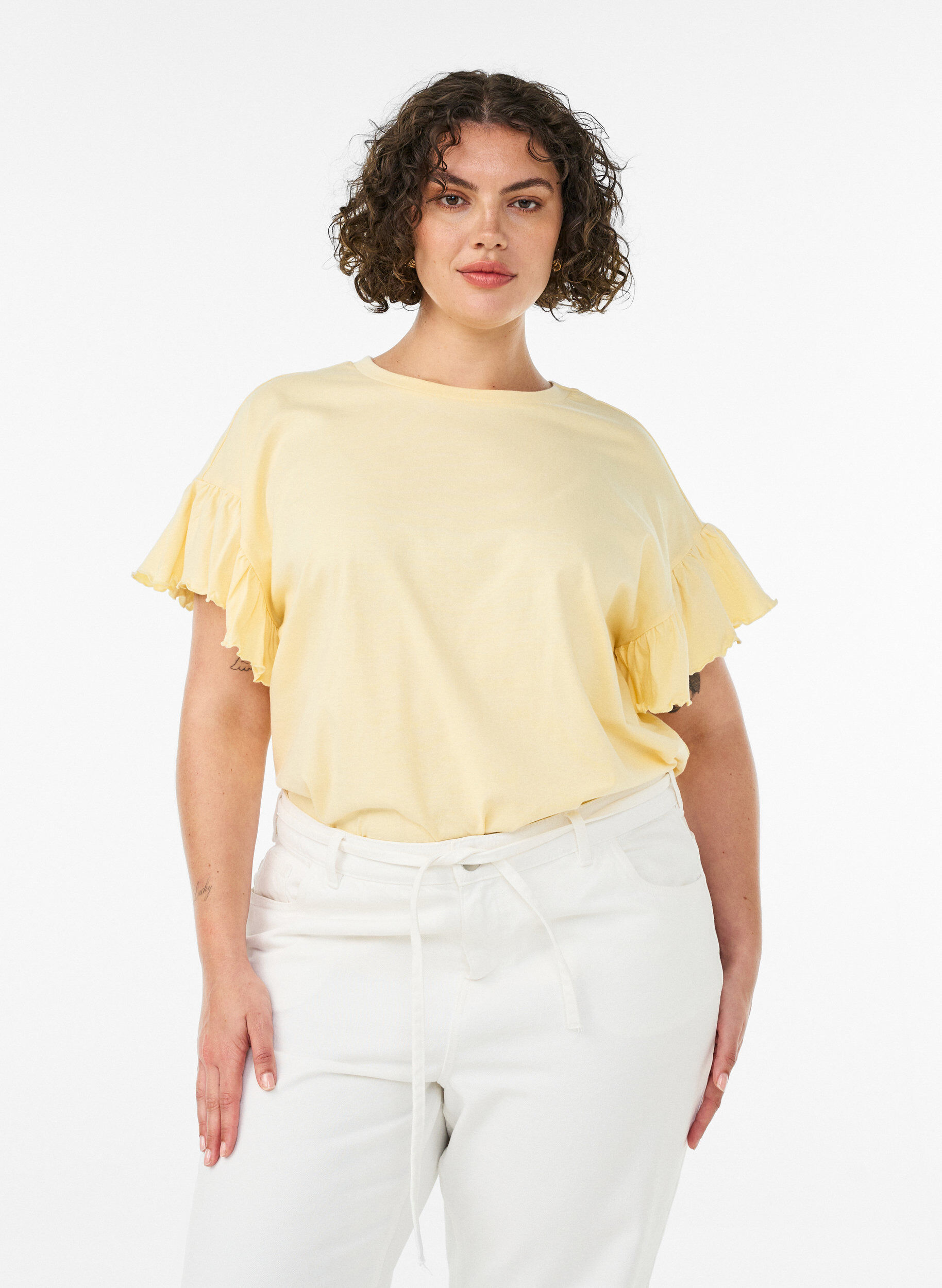 T-shirt en coton bio avec manches &agrave; volants, Jaune clair, Model
