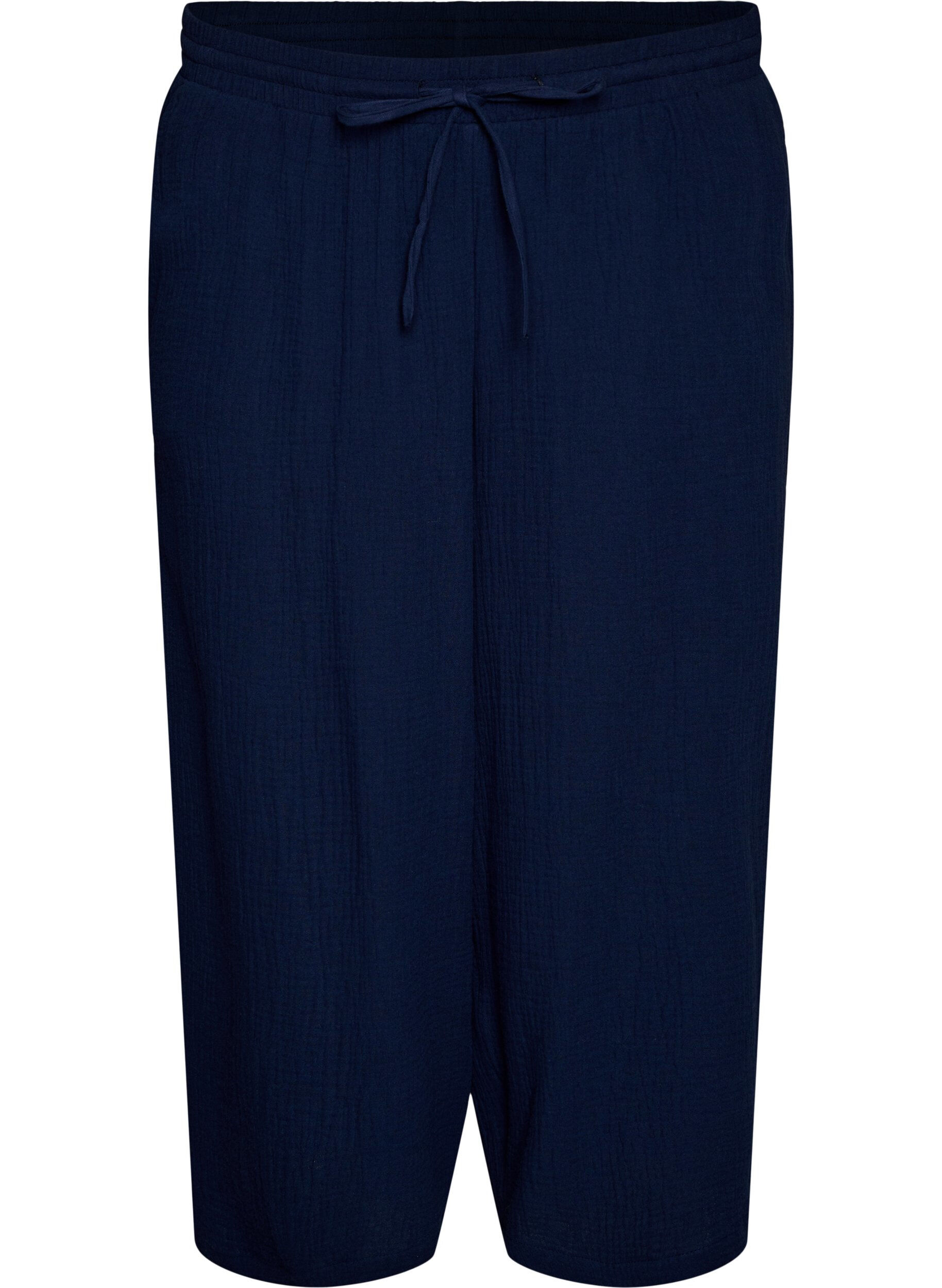 Zizzi Pantalon culotte en mousseline de coton avec taille haute, Bleu, Packshot image number 0