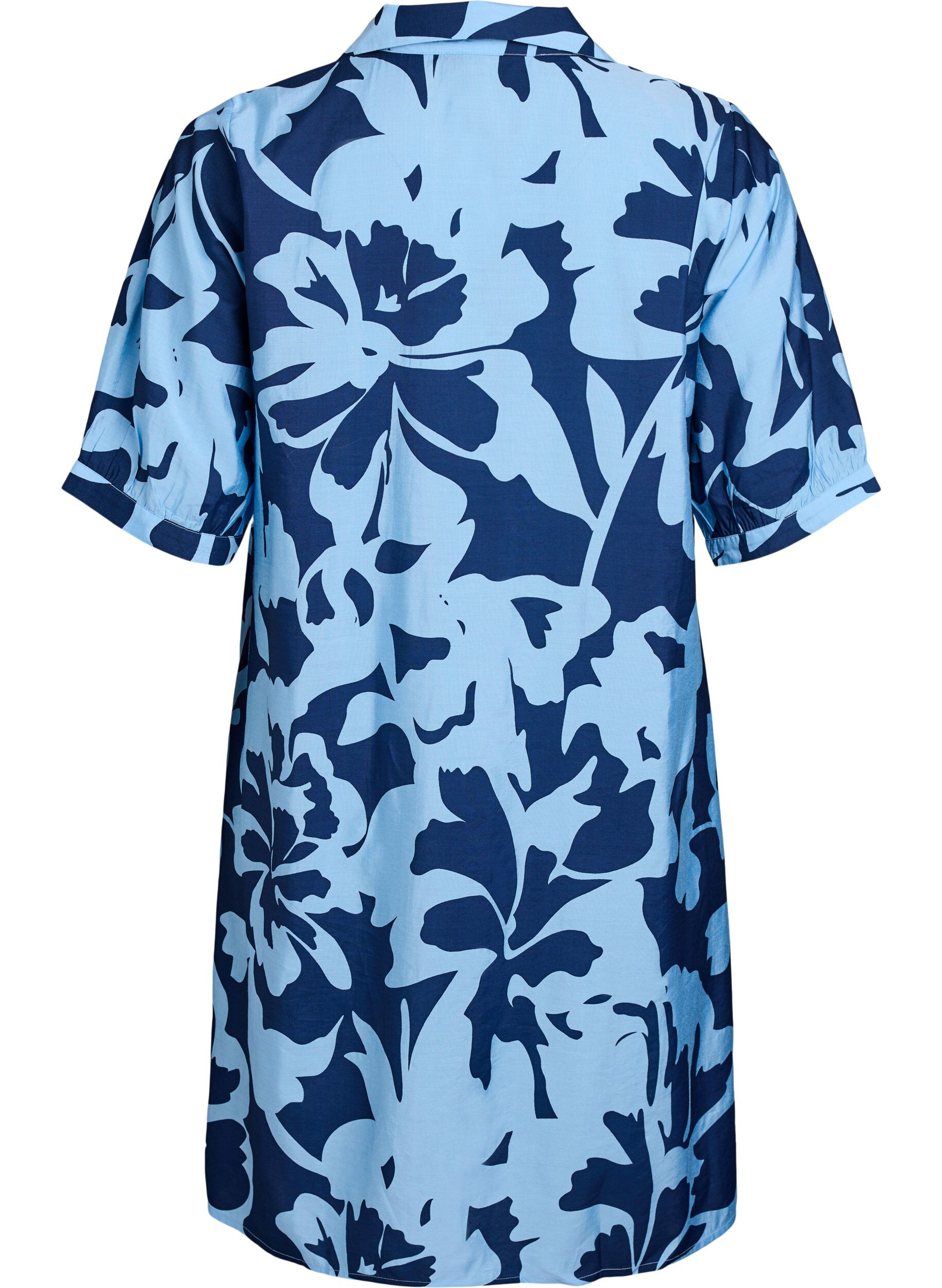 Zizzi Robe mi-longue imprim&eacute;e avec col en V, Bleu, Packshot image number 1