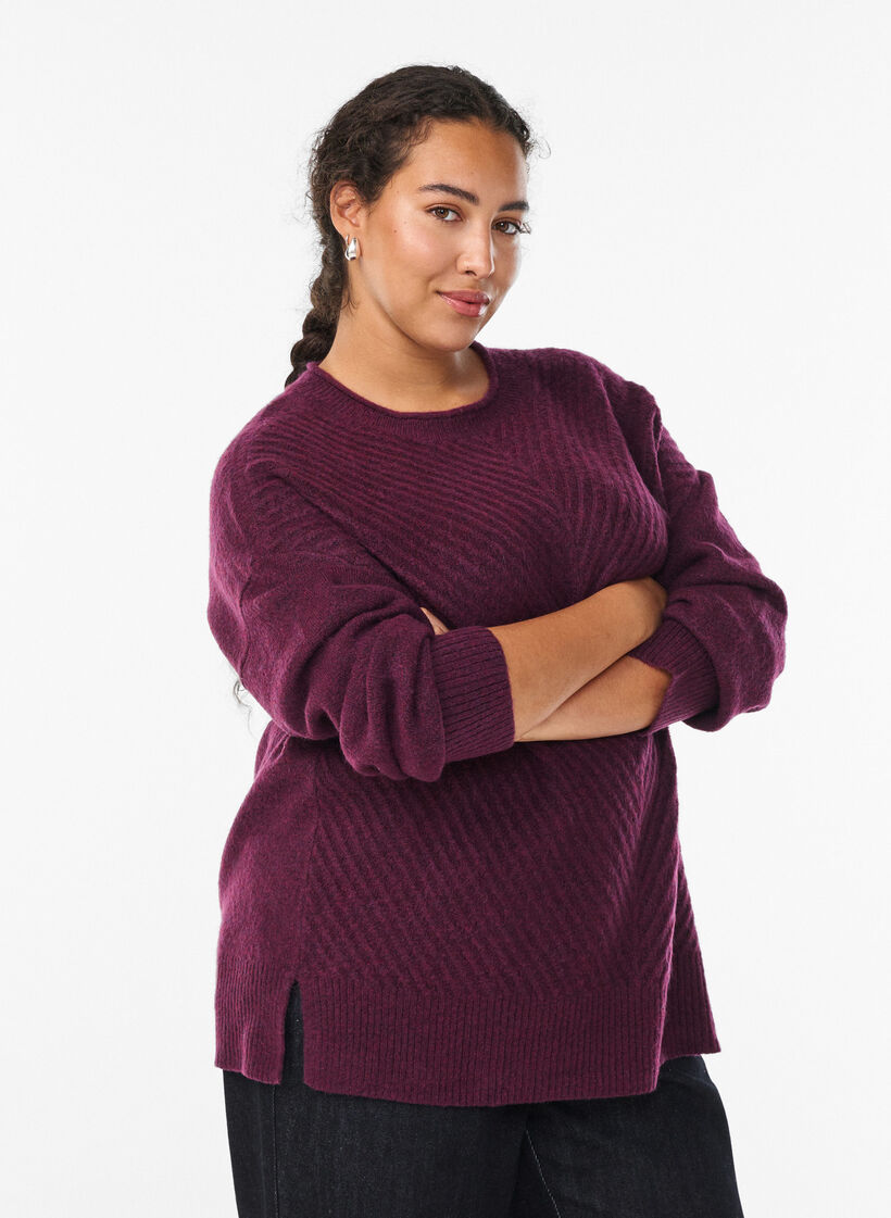 Blouse en maille avec motif c&ocirc;tel&eacute; en V et fentes, Violet, Model image number 0