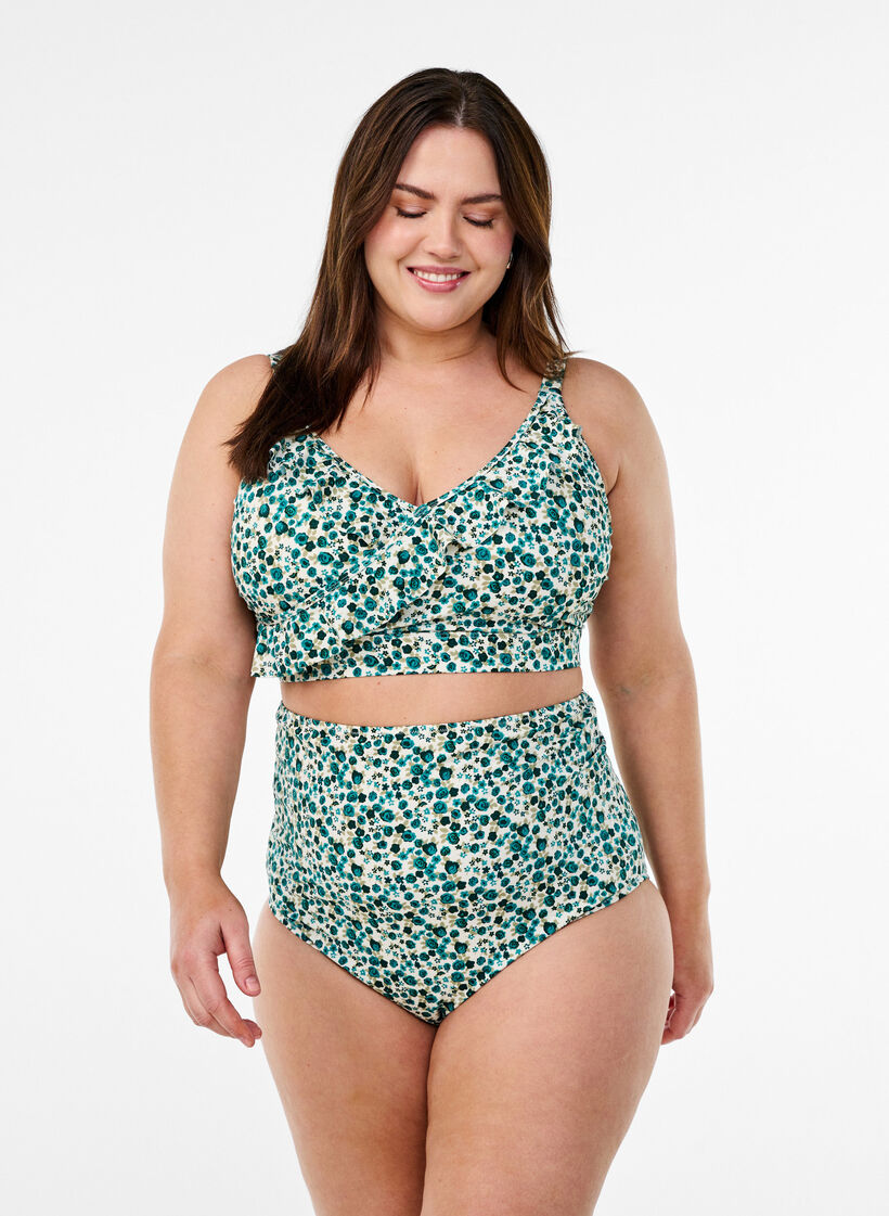 Haut de bikini à fleurs et à détails de jabot, Vert, Model image number 1