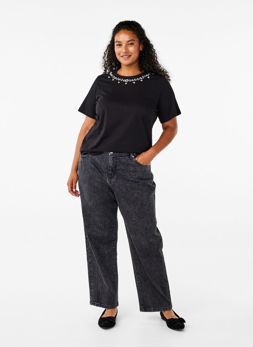 T-shirt à col rond et strass, Black, Model image number 2