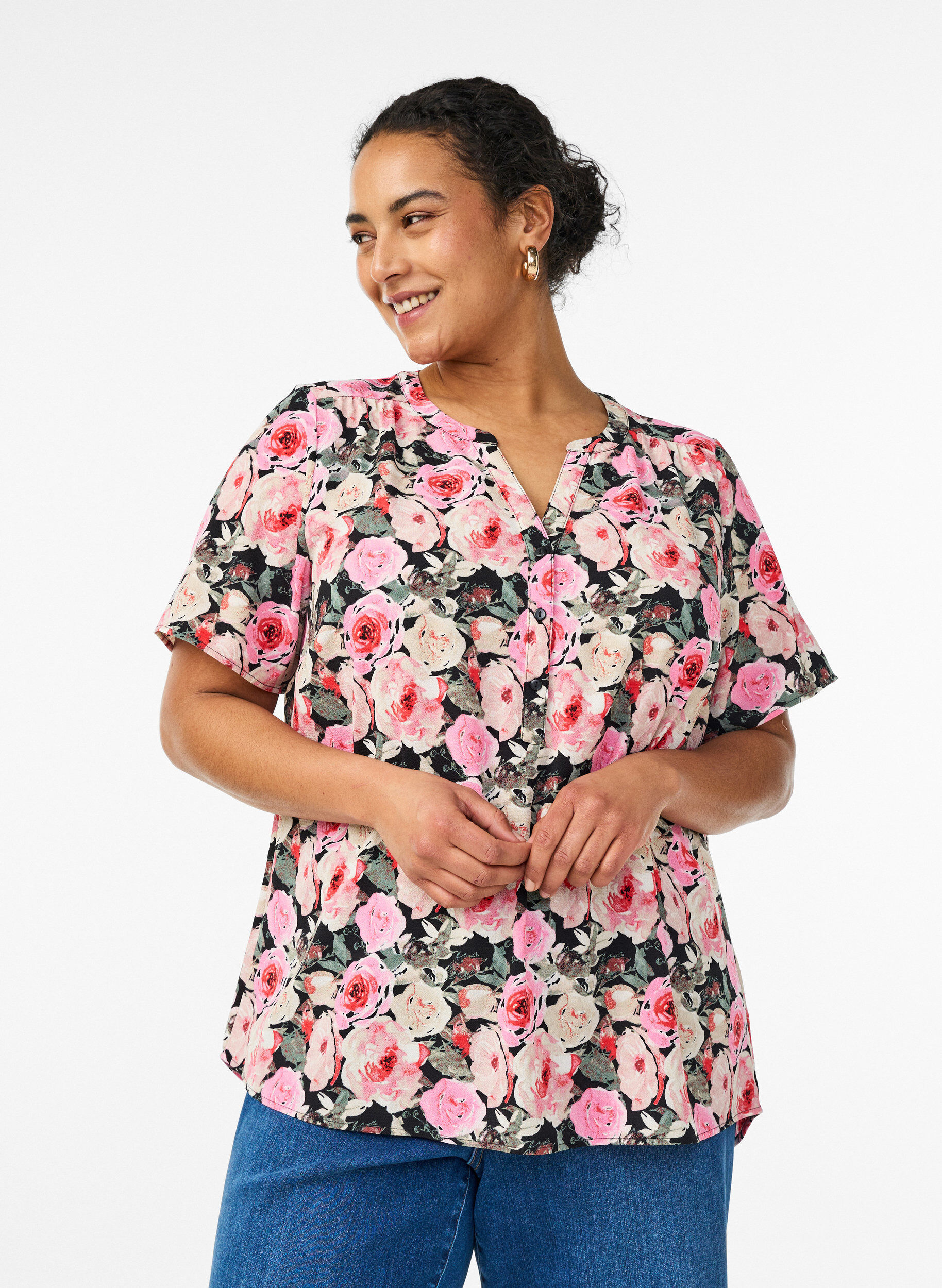 Zizzi Blouse &agrave; manches courtes et encolure en V, Rose, Model image number 0