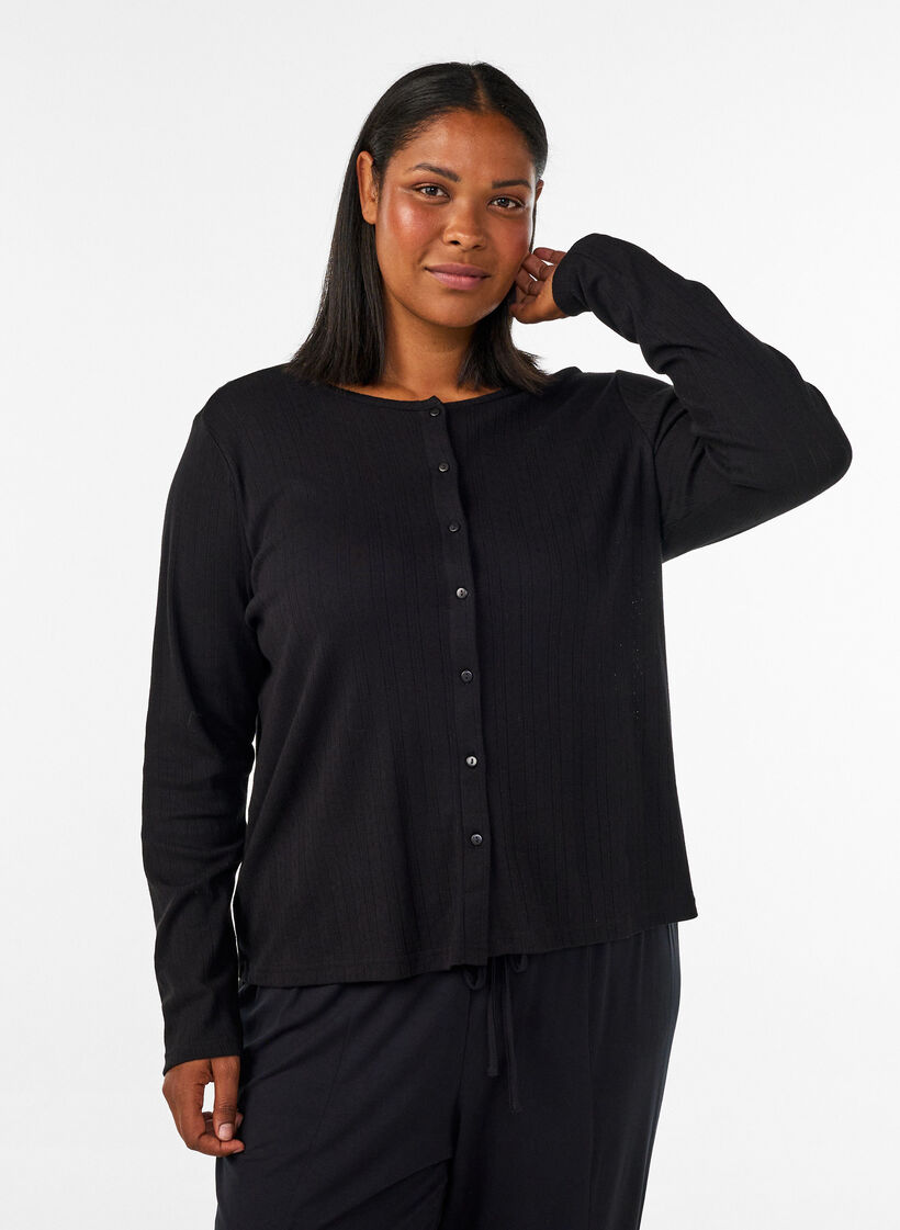 Cardigan en coton biologique avec broderie ajour&eacute;e, Noir, Model image number 0