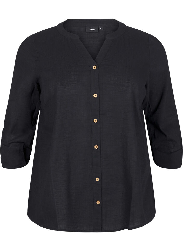 Chemisier en coton avec un col en V, Noir, Packshot image number 0