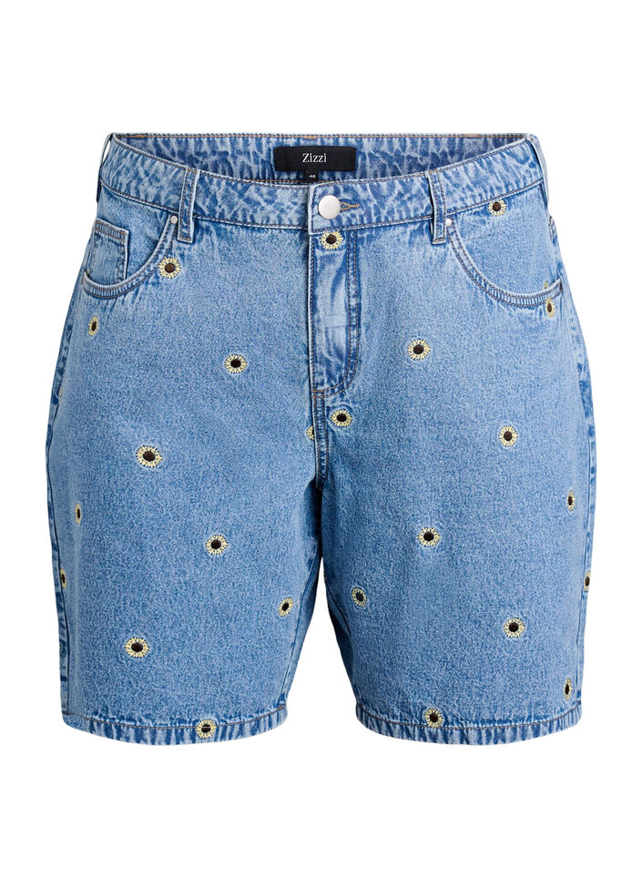 Shorts en jean avec des fleurs brod&eacute;es, Bleu Clair, Packshot image number 0