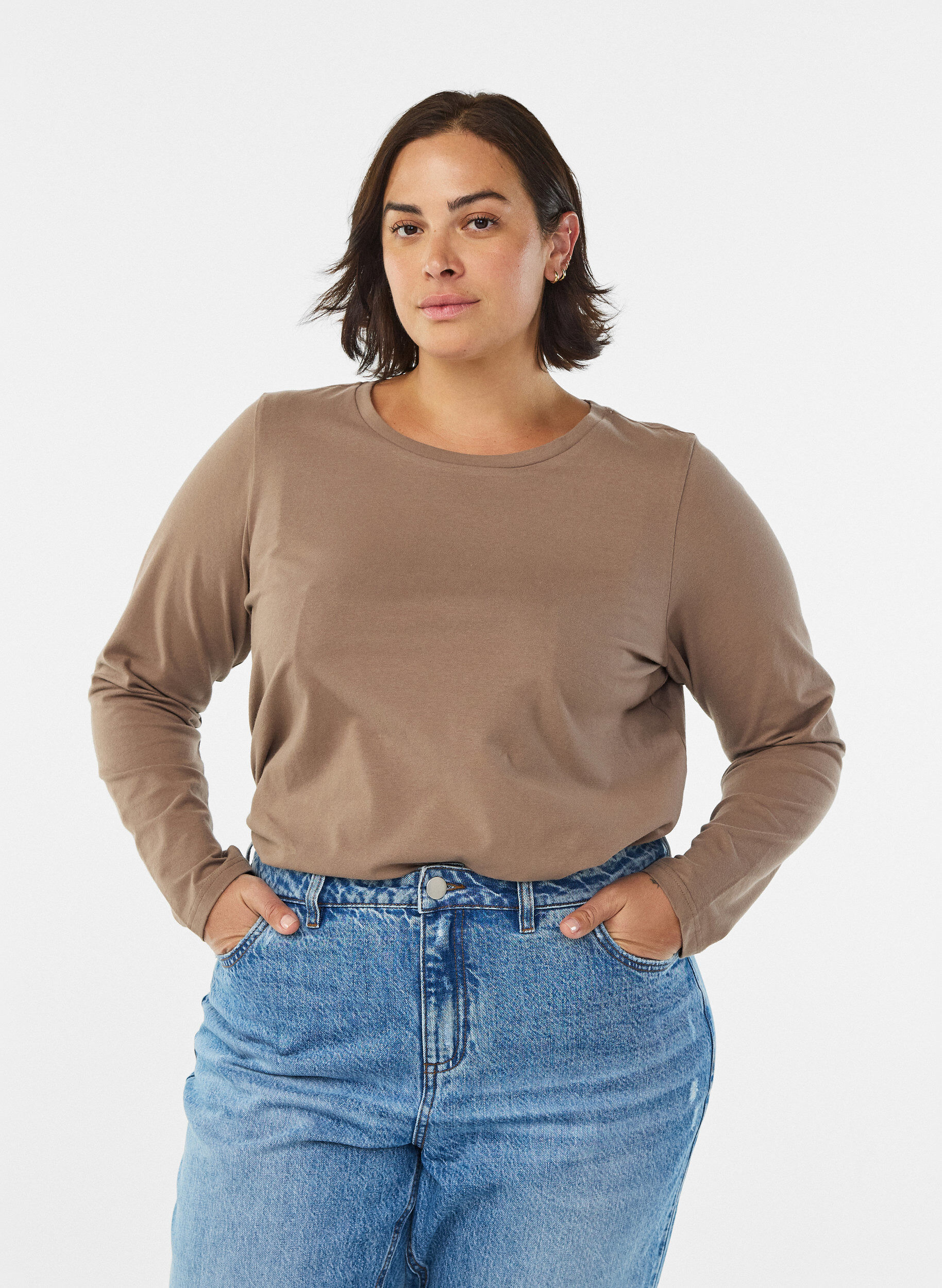 Blouse basique en jersey &agrave; manches longues, Marron, Model