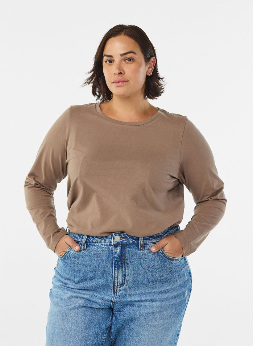 Blouse basique en jersey &agrave; manches longues, Marron, Model image number 0