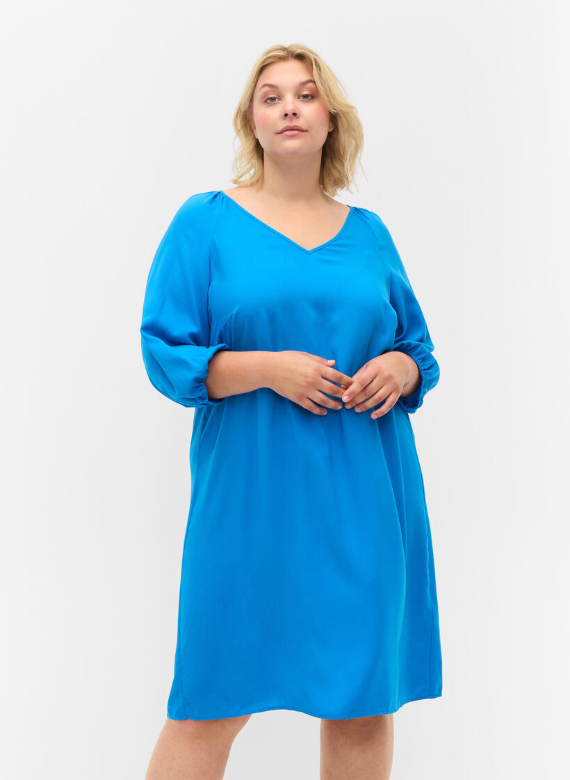 Robe en viscose avec encolure en V, Indigo Bunting, Model image number 0