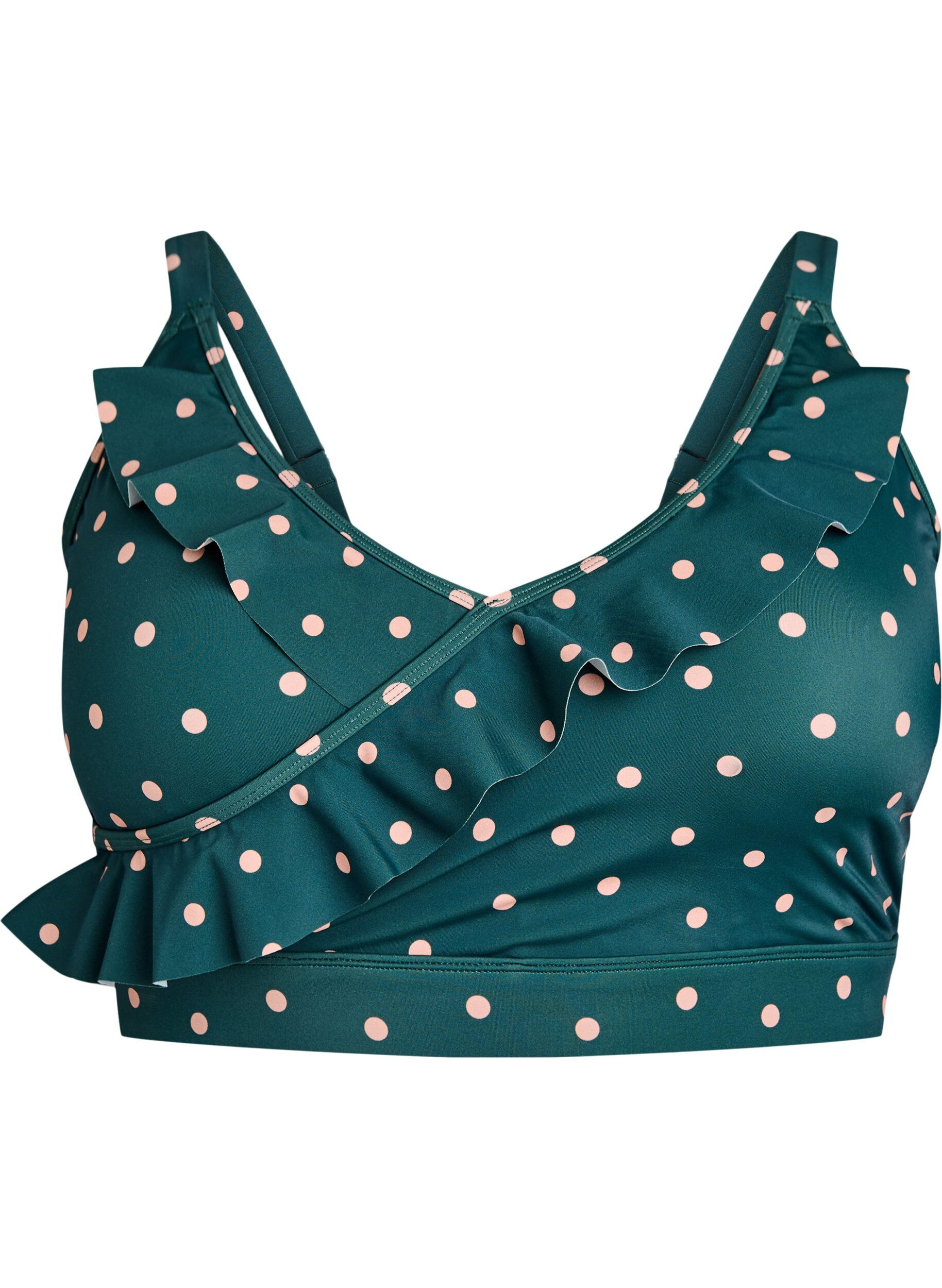ZizziHaut de bikini &agrave; pois avec volants, Vert fonc&eacute;, Packshot image number 0