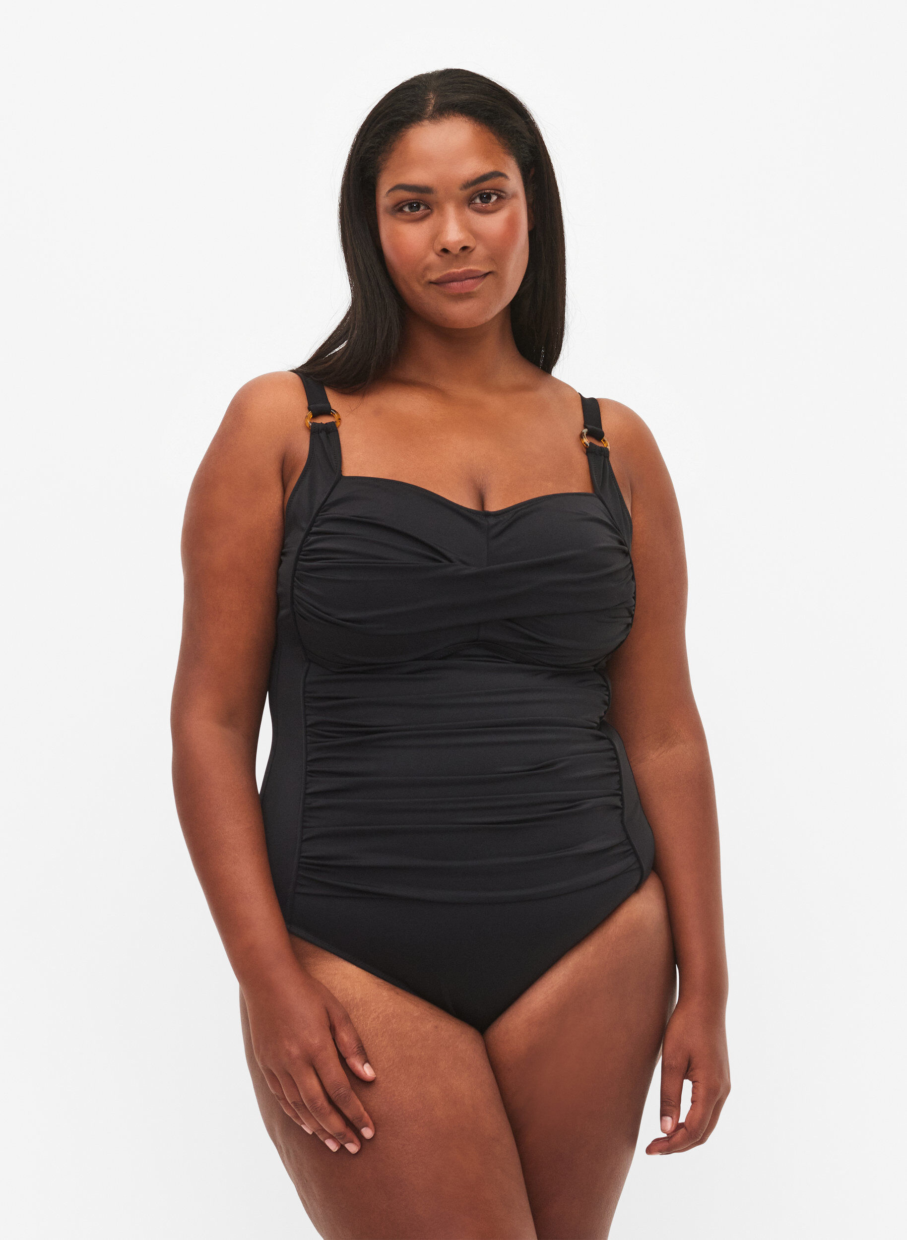 Zizzi Maillot de bain drap&eacute; avec bonnets rembourr&eacute;s, Noir, Model image number 0
