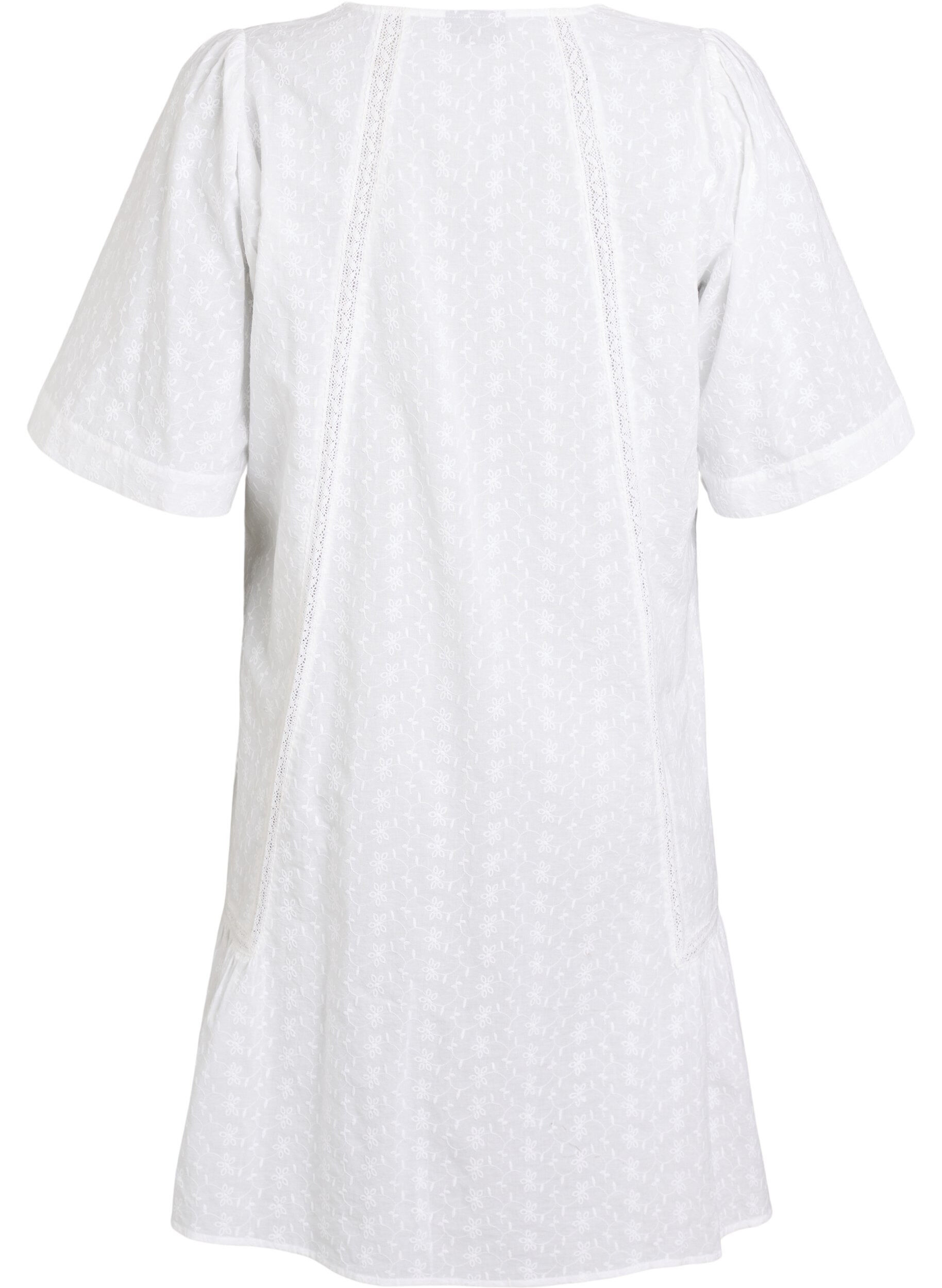 Zizzi Robe mi-longue en coton avec broderie et col en V, Blanc, Packshot image number 1