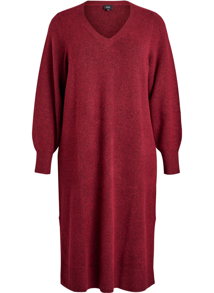 Robe en maille &agrave; manches longues et col V, Bordeaux, Packshot image number 0