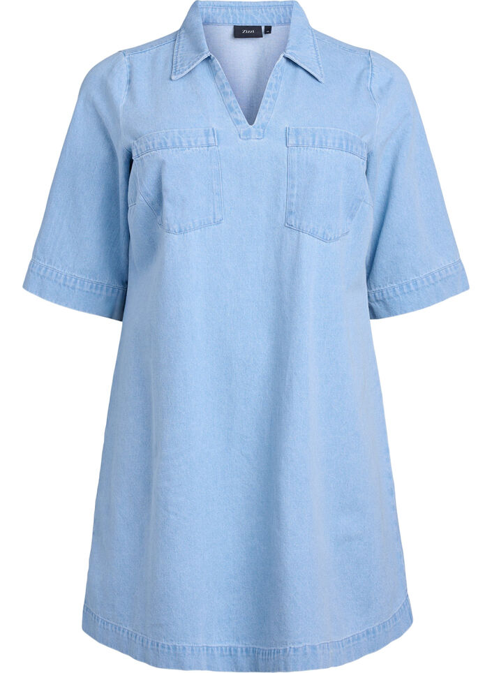 Courte robe en denim avec un col et un col en V, Bleu Clair, Packshot image number 0