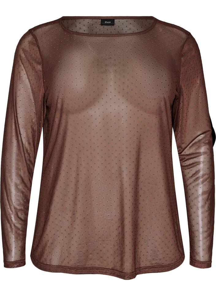 Blouse en maille transparente avec strass, Marron, Packshot image number 0