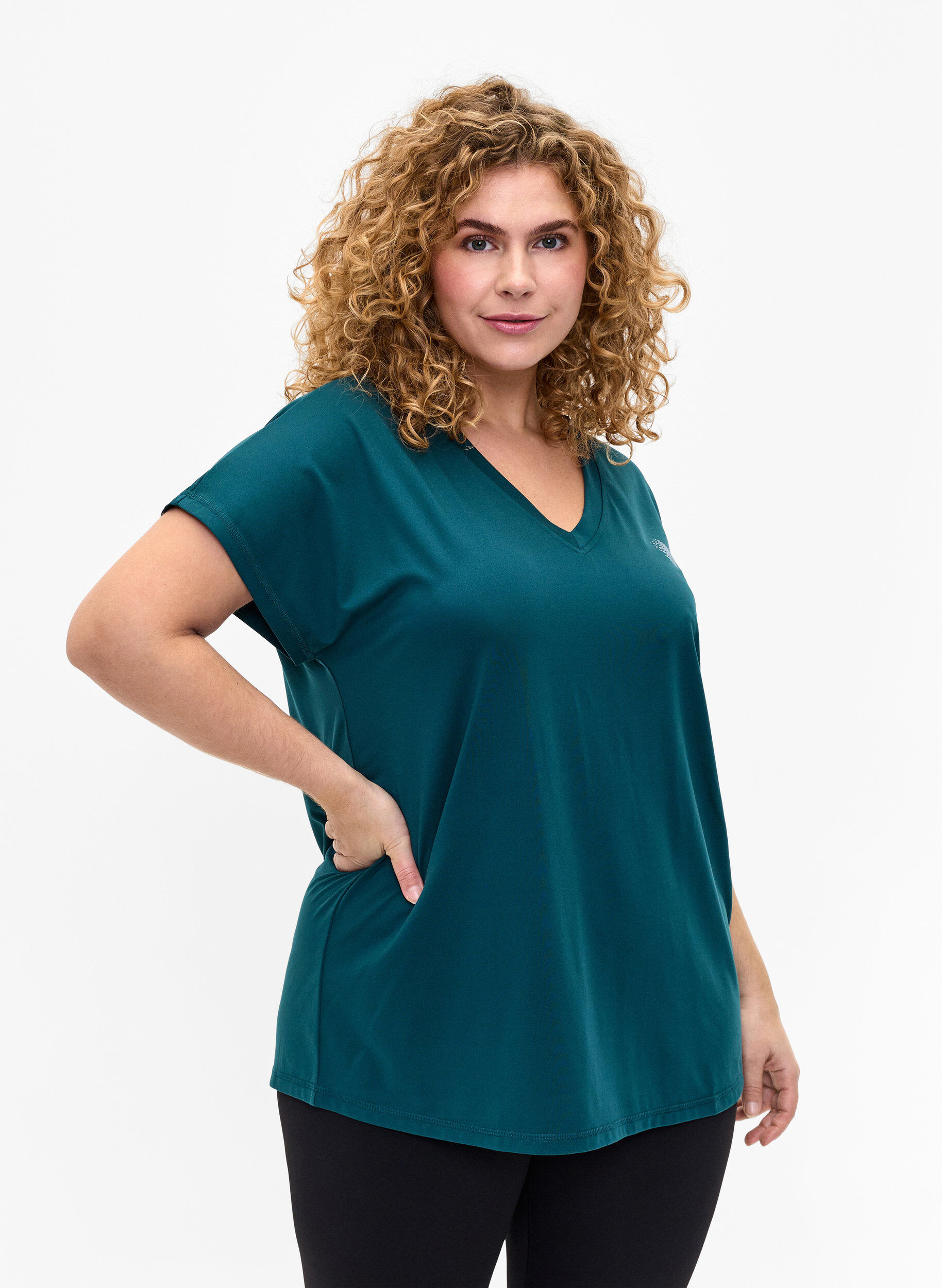 Zizzi T-shirt de sport ample avec col en V, Deep Teal, Model image number 0