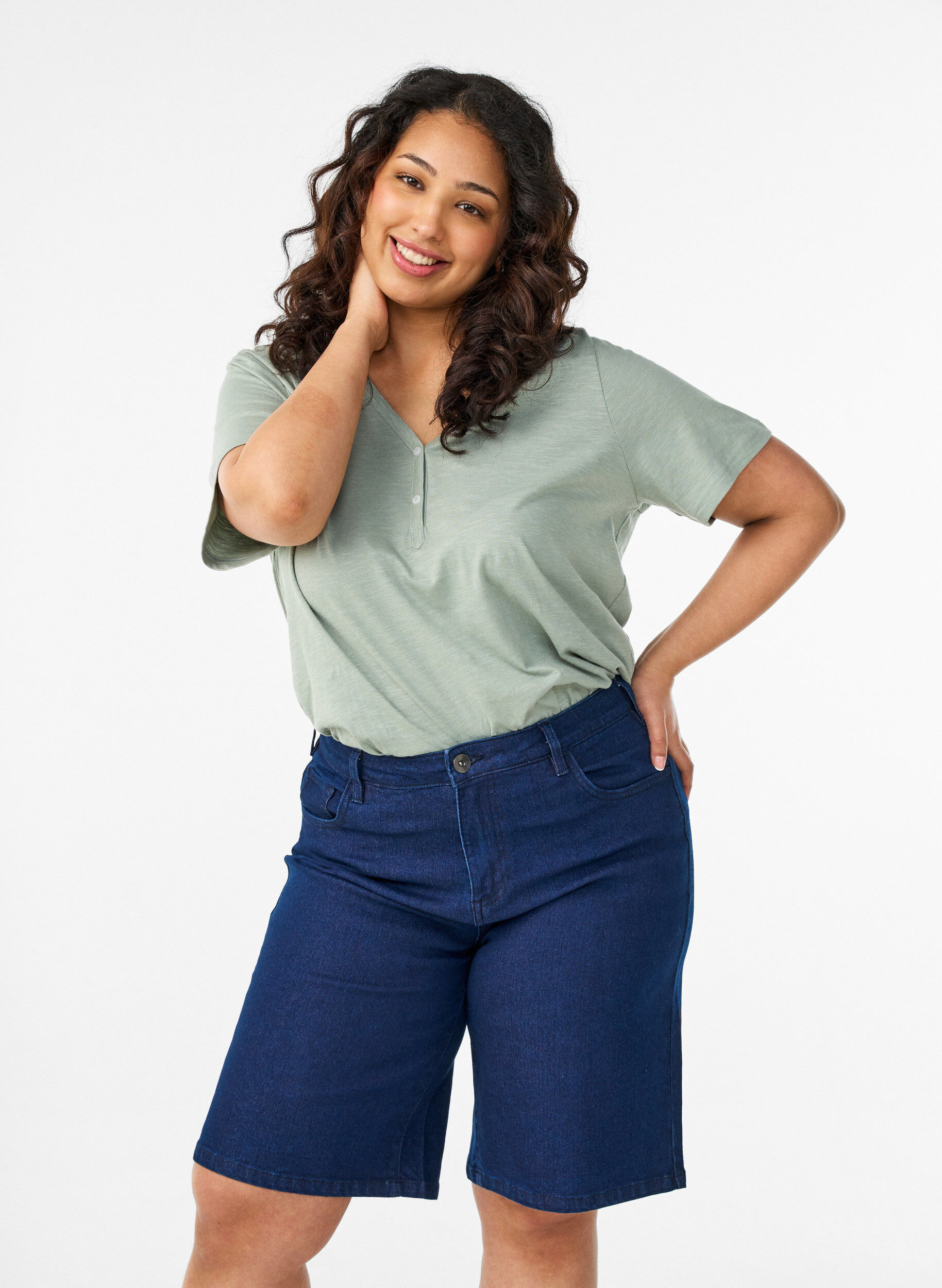 Short en jean ample &agrave; taille haute, Bleu, Model