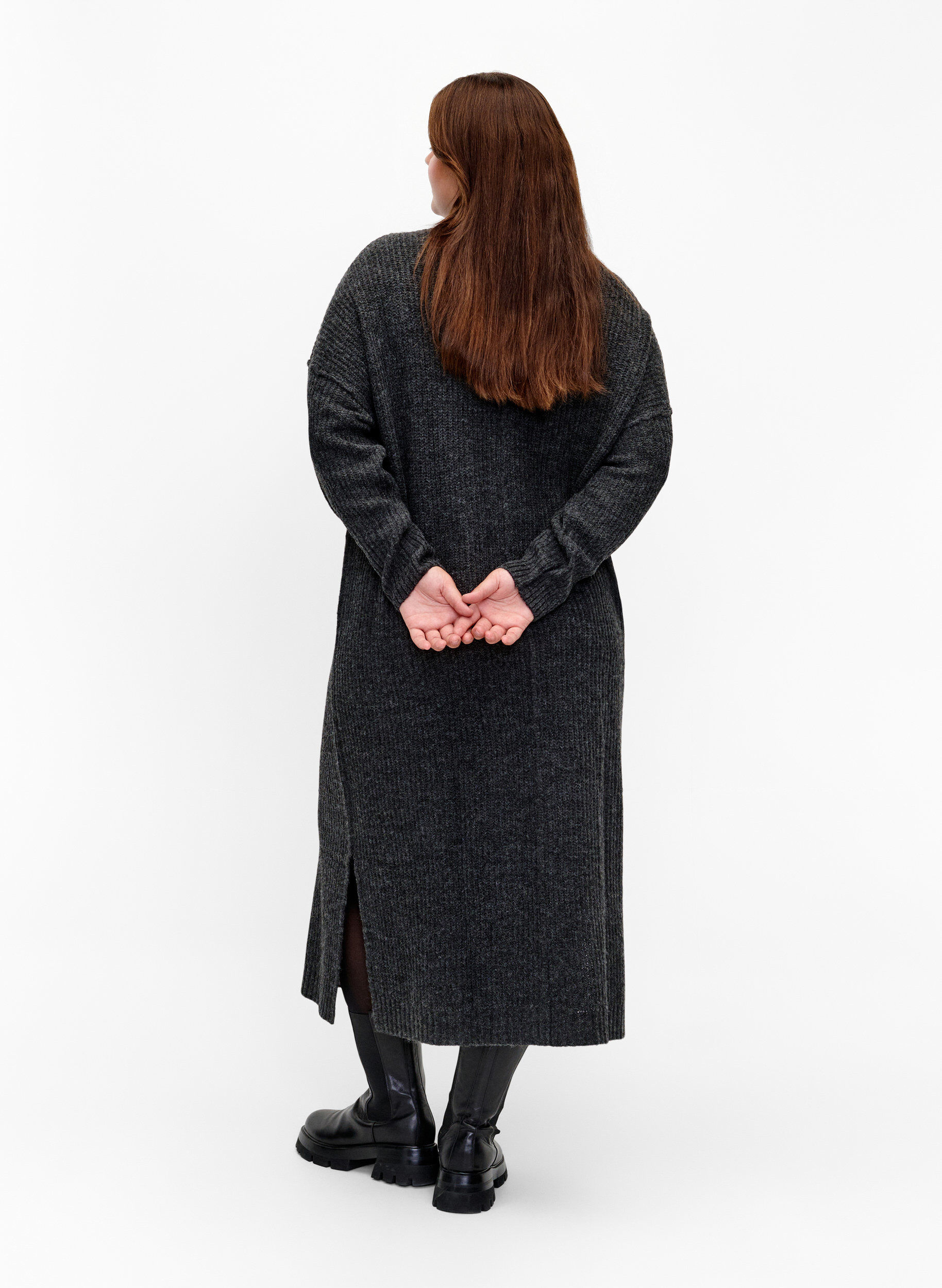 Zizzi Robe longue oversize en tricot avec fente, Gris anthracite, Model image number 1