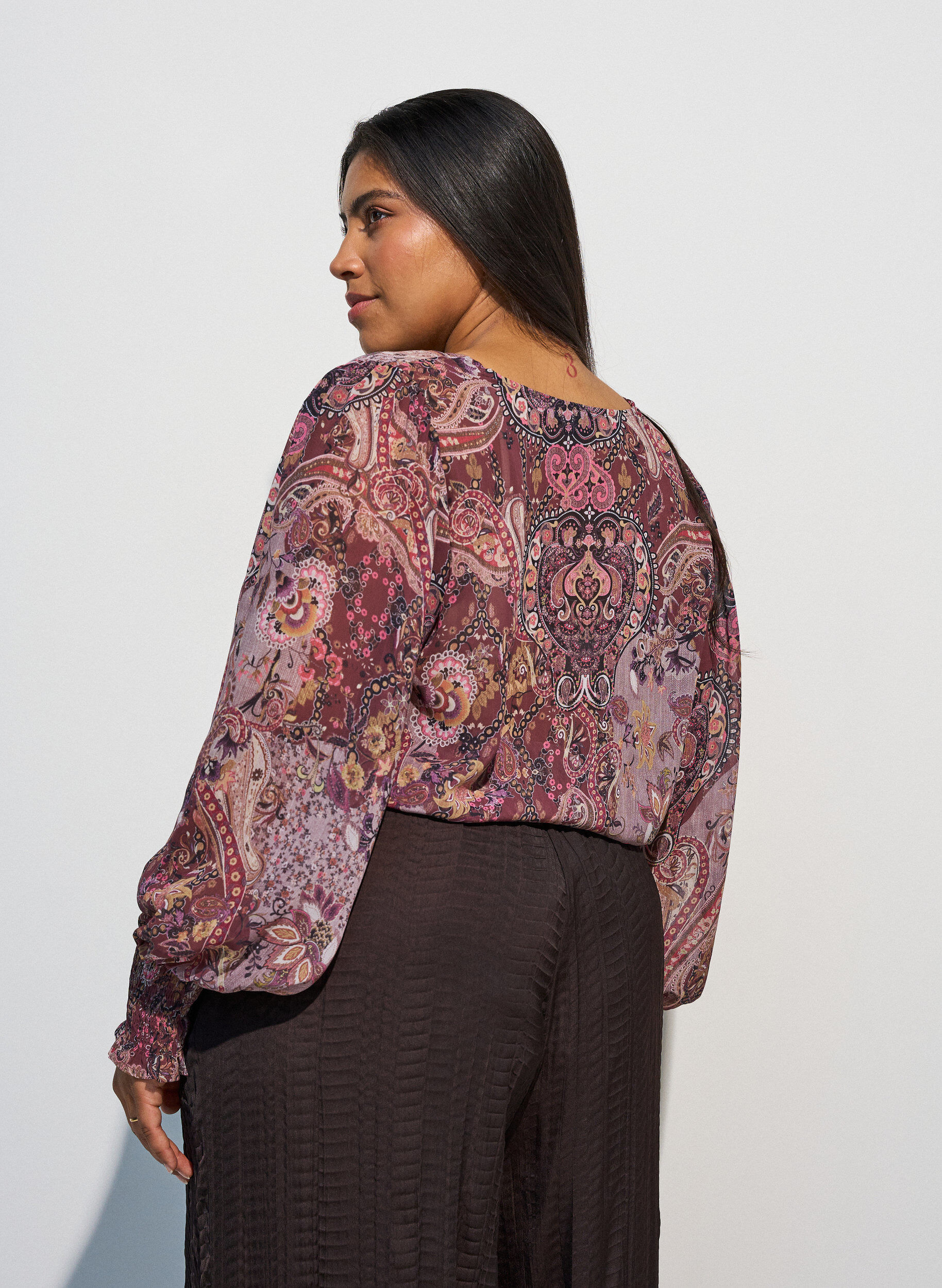 ZizziTunique &agrave; imprim&eacute; cachemire et poignets smock&eacute;s, Rose, Model image number 2