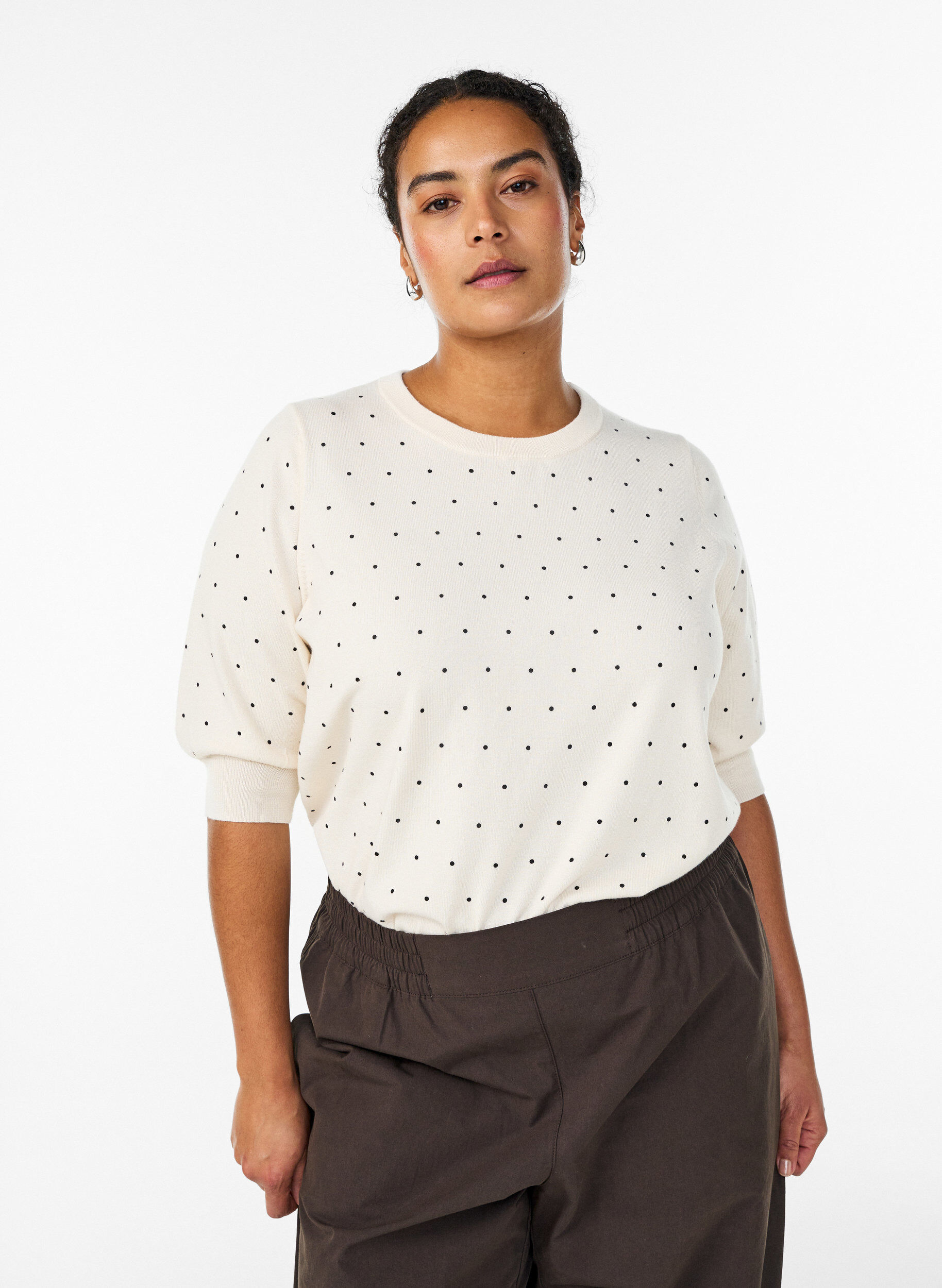 ZizziTop en maille &agrave; pois et manches courtes, Blanc, Model image number 0