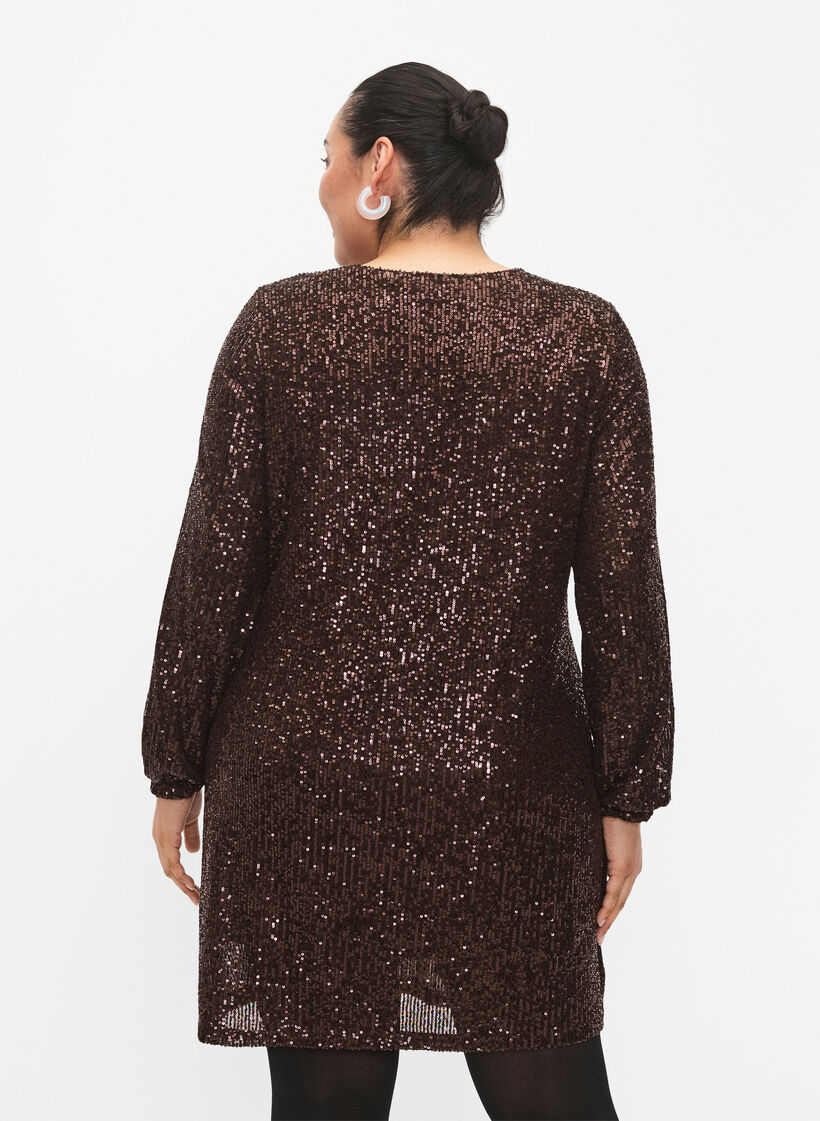 Robe courte à sequins et manches longues, Chicory Coffee, Model image number 1